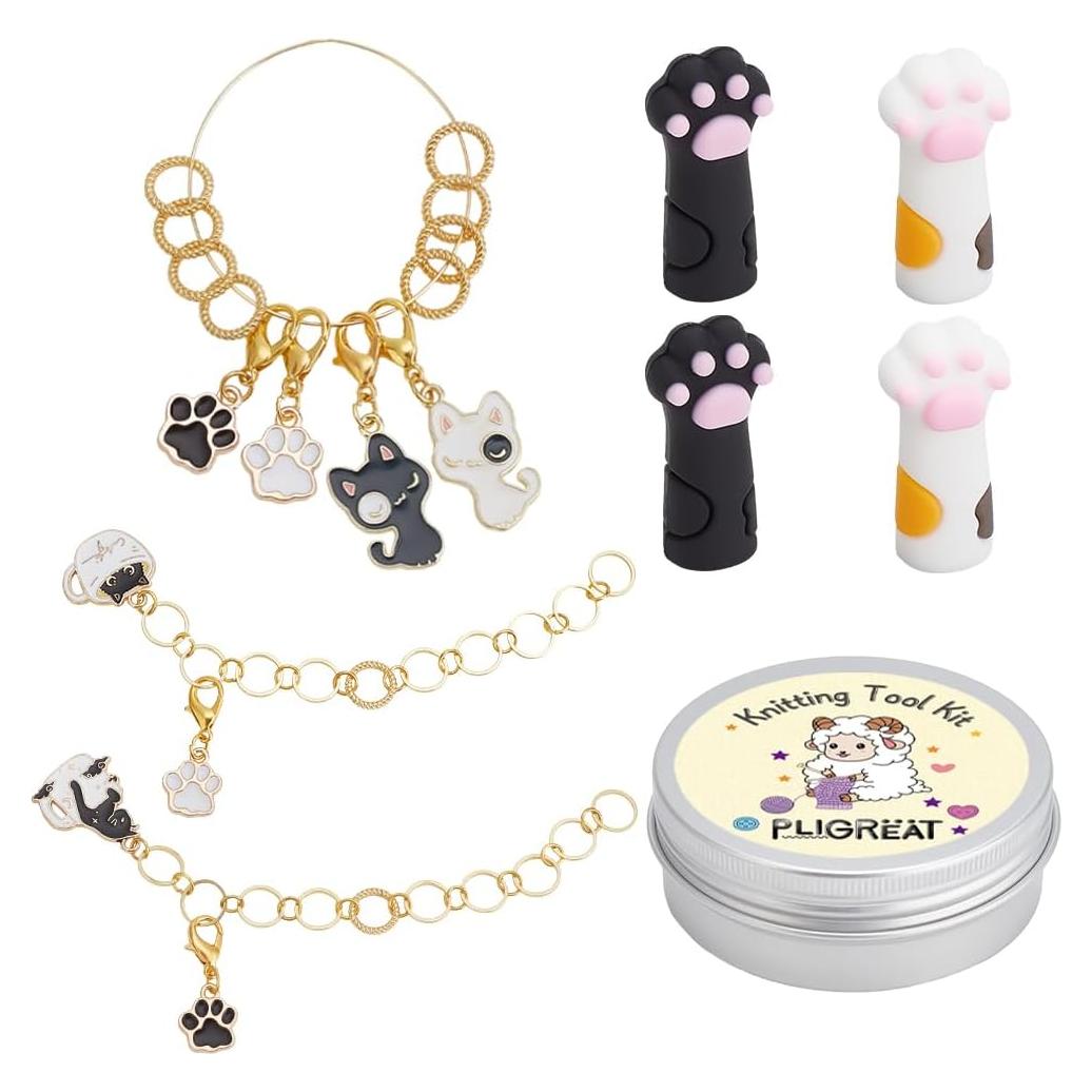 PLIGREAT 18 Pcs Knitting Tool Kit Cute Cat Paw Charms Knitting Row Counter Chains Needle Stoppers Locking Stitch Marker Rings Set Gift for Mom Woman DIY Crafts Jewelry Making Tailors Shop Accessories