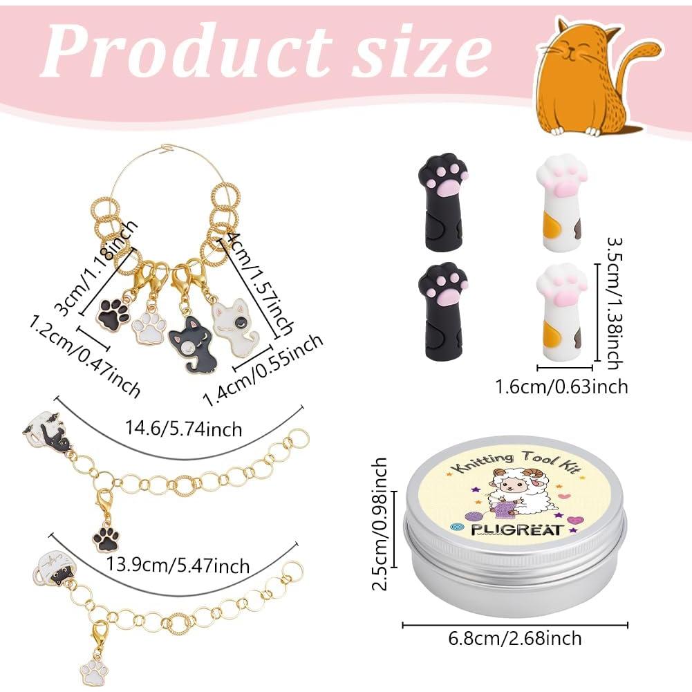 PLIGREAT 18 Pcs Knitting Tool Kit Cute Cat Paw Charms Knitting Row Counter Chains Needle Stoppers Locking Stitch Marker Rings Set Gift for Mom Woman DIY Crafts Jewelry Making Tailors Shop Accessories