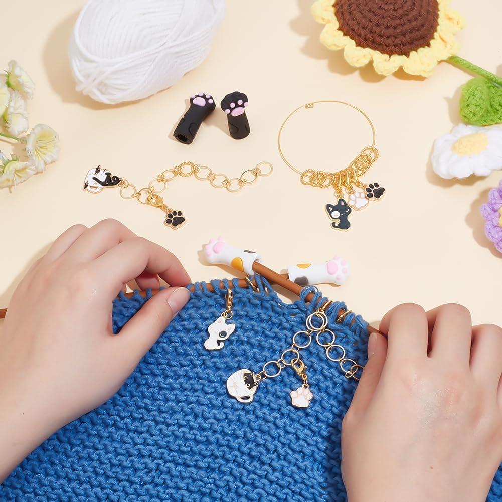 PLIGREAT 18 Pcs Knitting Tool Kit Cute Cat Paw Charms Knitting Row Counter Chains Needle Stoppers Locking Stitch Marker Rings Set Gift for Mom Woman DIY Crafts Jewelry Making Tailors Shop Accessories