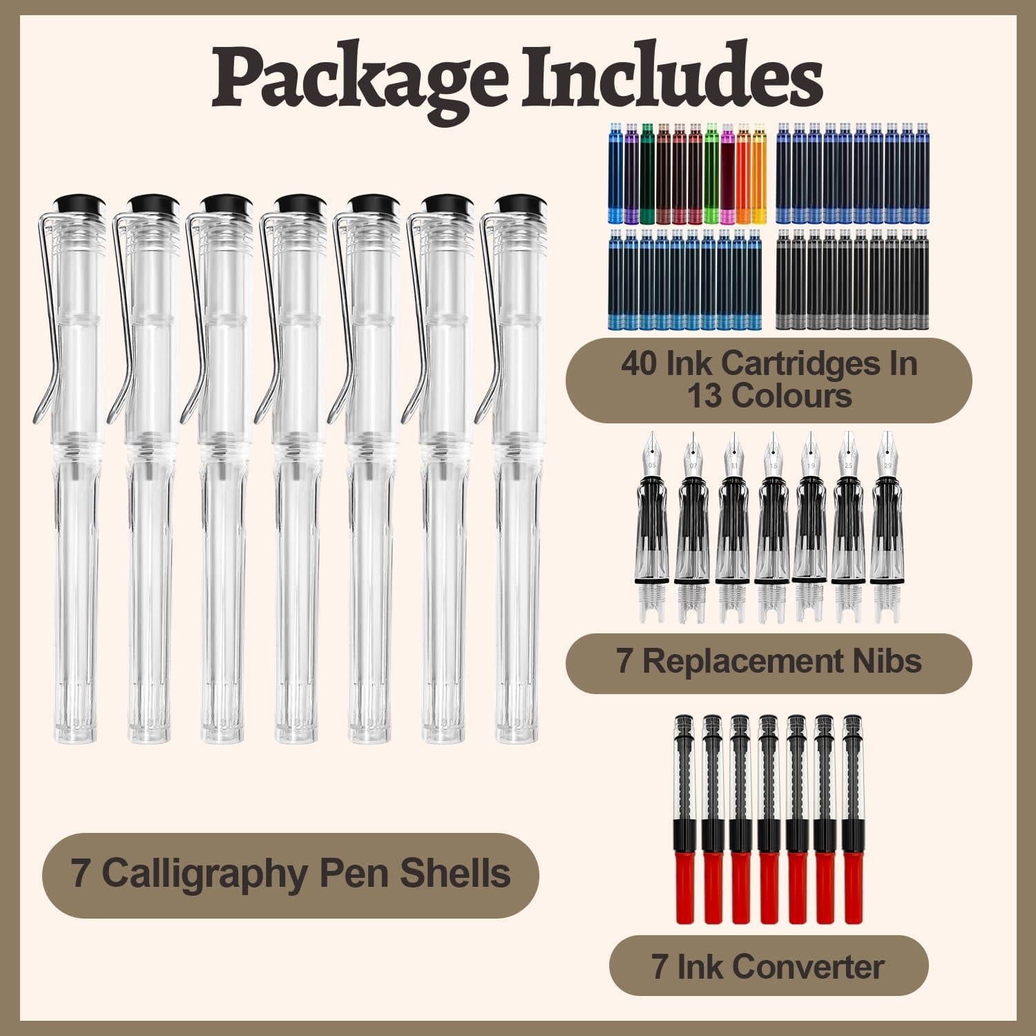 Juego de Caligrafía Wonwood 7 Plumas Estilográficas 40 Cartuchos