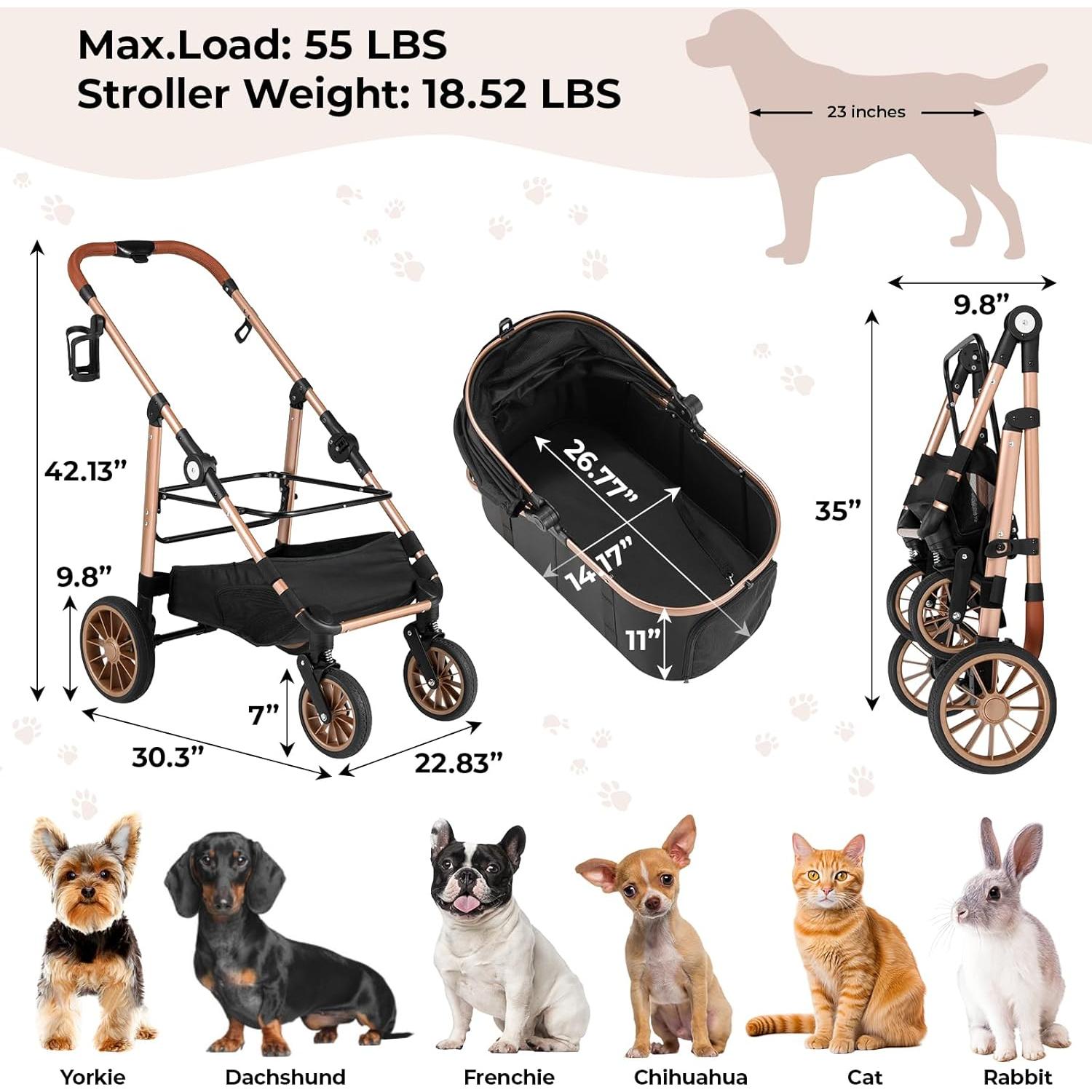 Carrito Plegable para Mascotas MAMIZO 25kg Negro 3 en 1