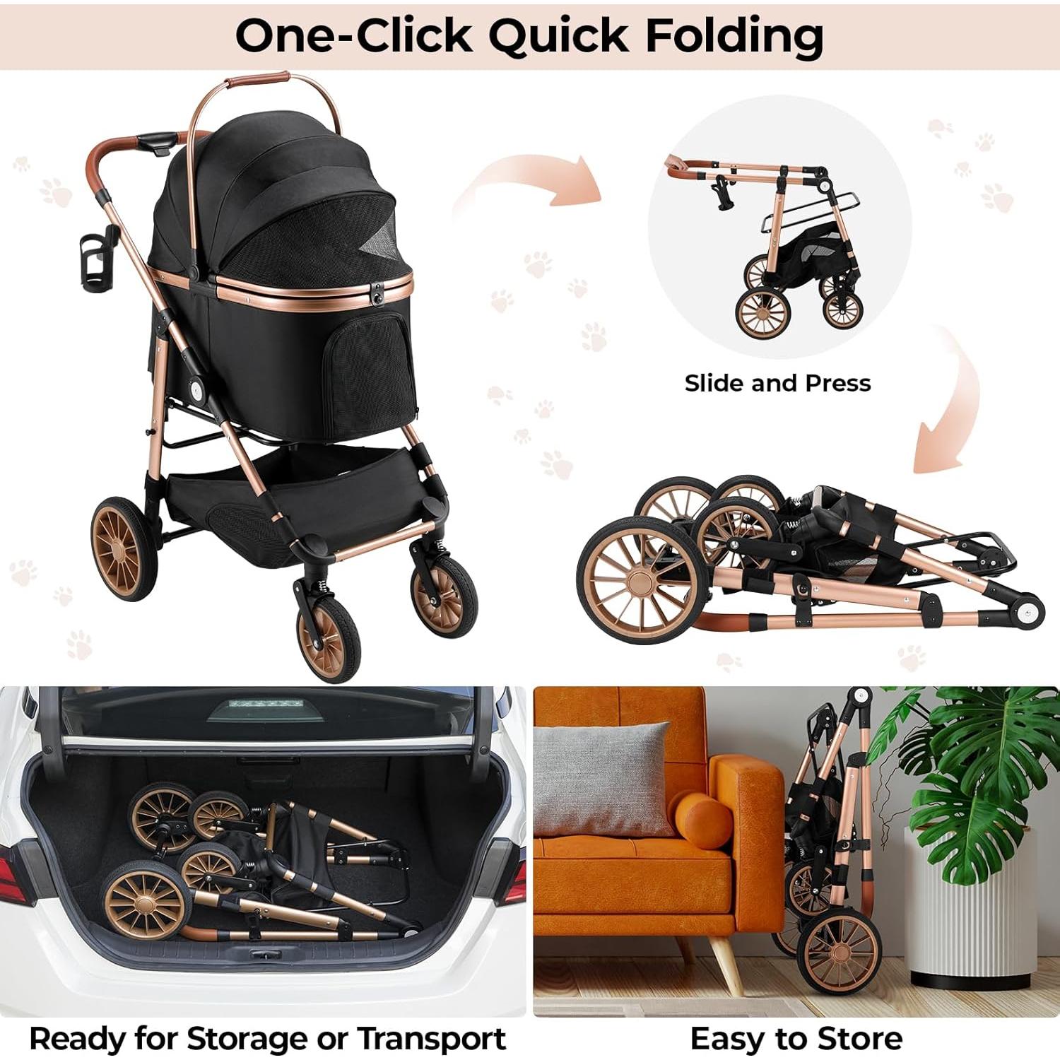 Carrito Plegable para Mascotas MAMIZO 25kg Negro 3 en 1