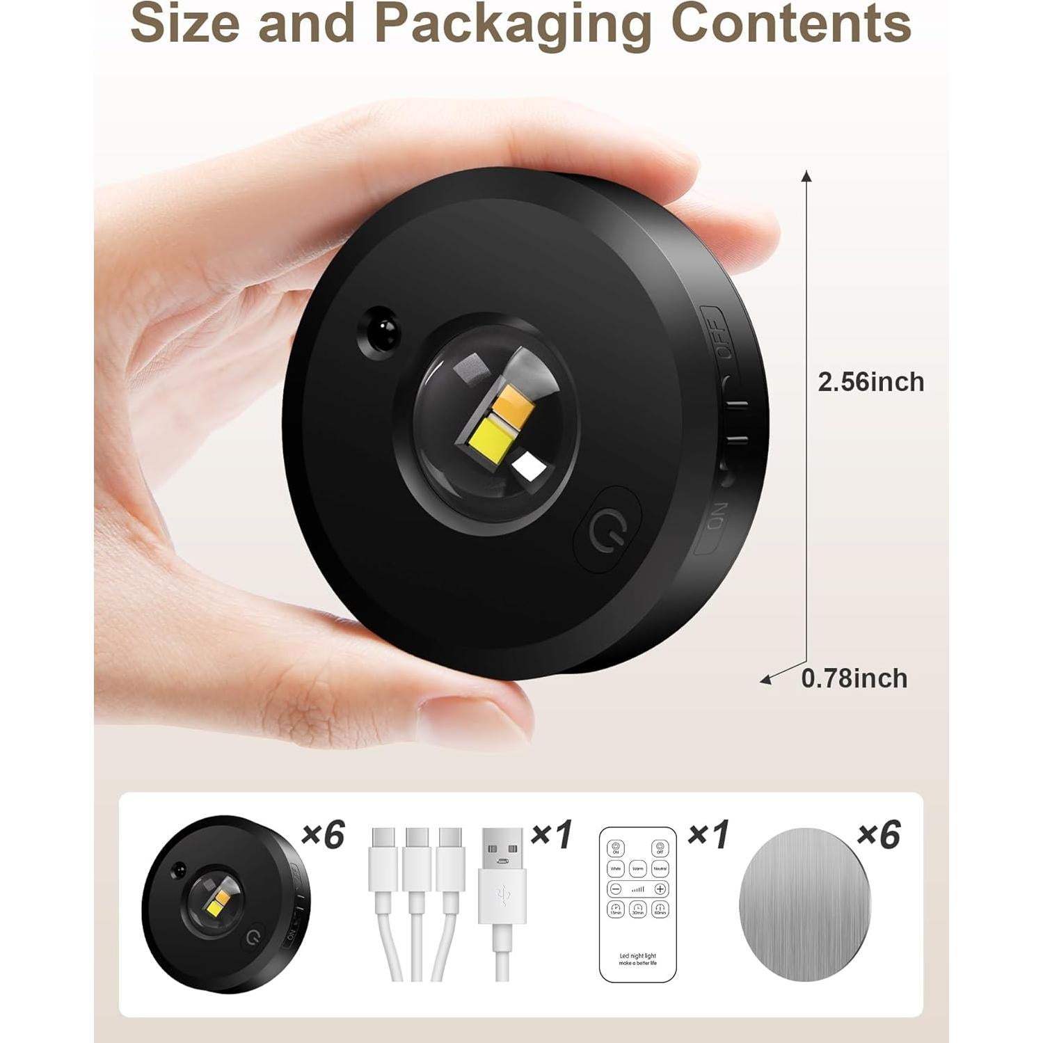 Luz Puck RUYI Recargable Inalámbrica con Control Remoto 6 Pzas