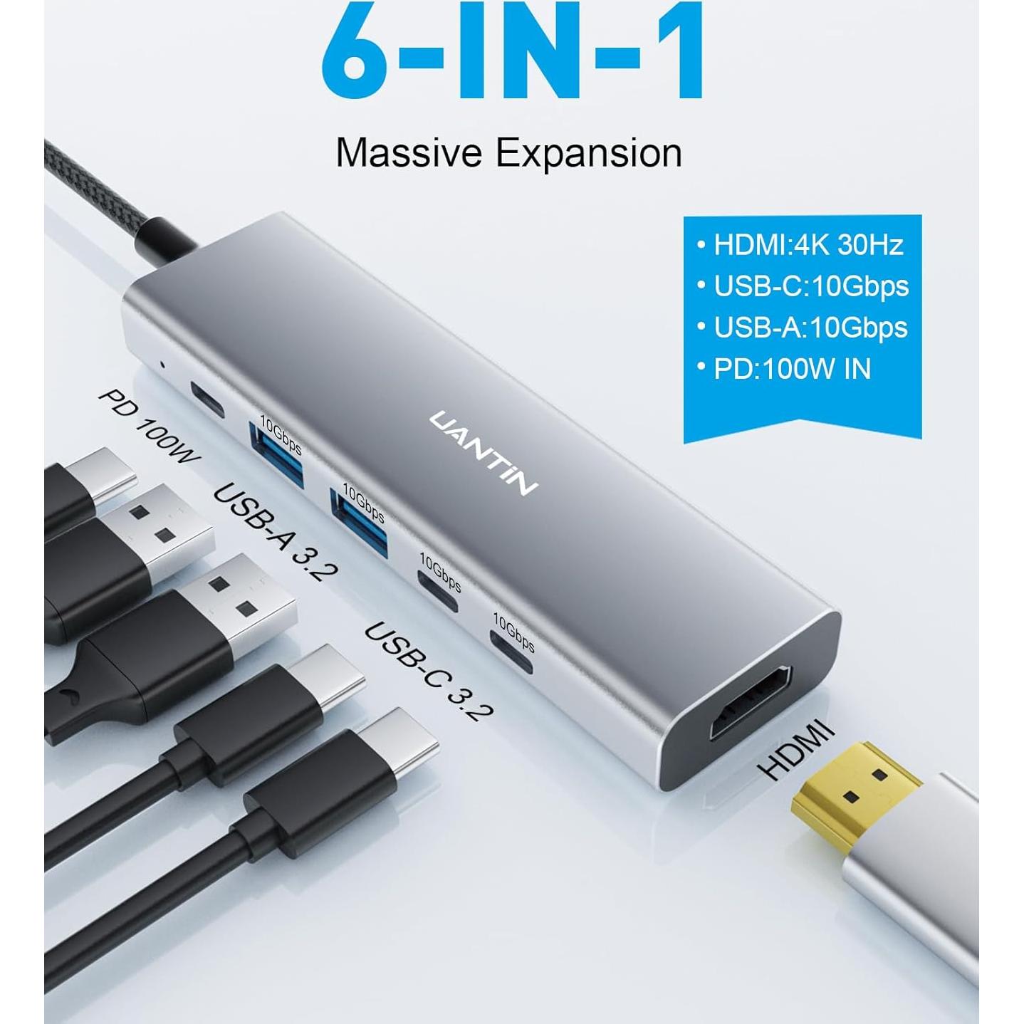 Hub USB-C 6-en-1 UANTIN 10Gbps 4K HDMI 100W Power Delivery