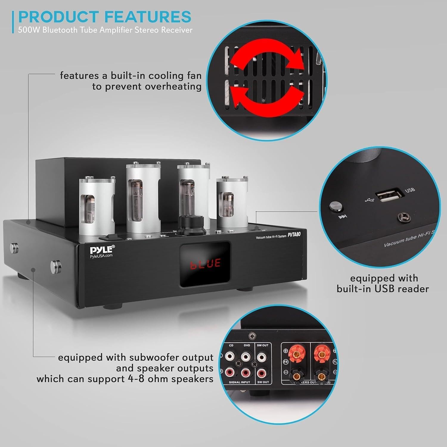 Amplificador de Potencia Pyle PVTA80 Bluetooth 500W Tubo