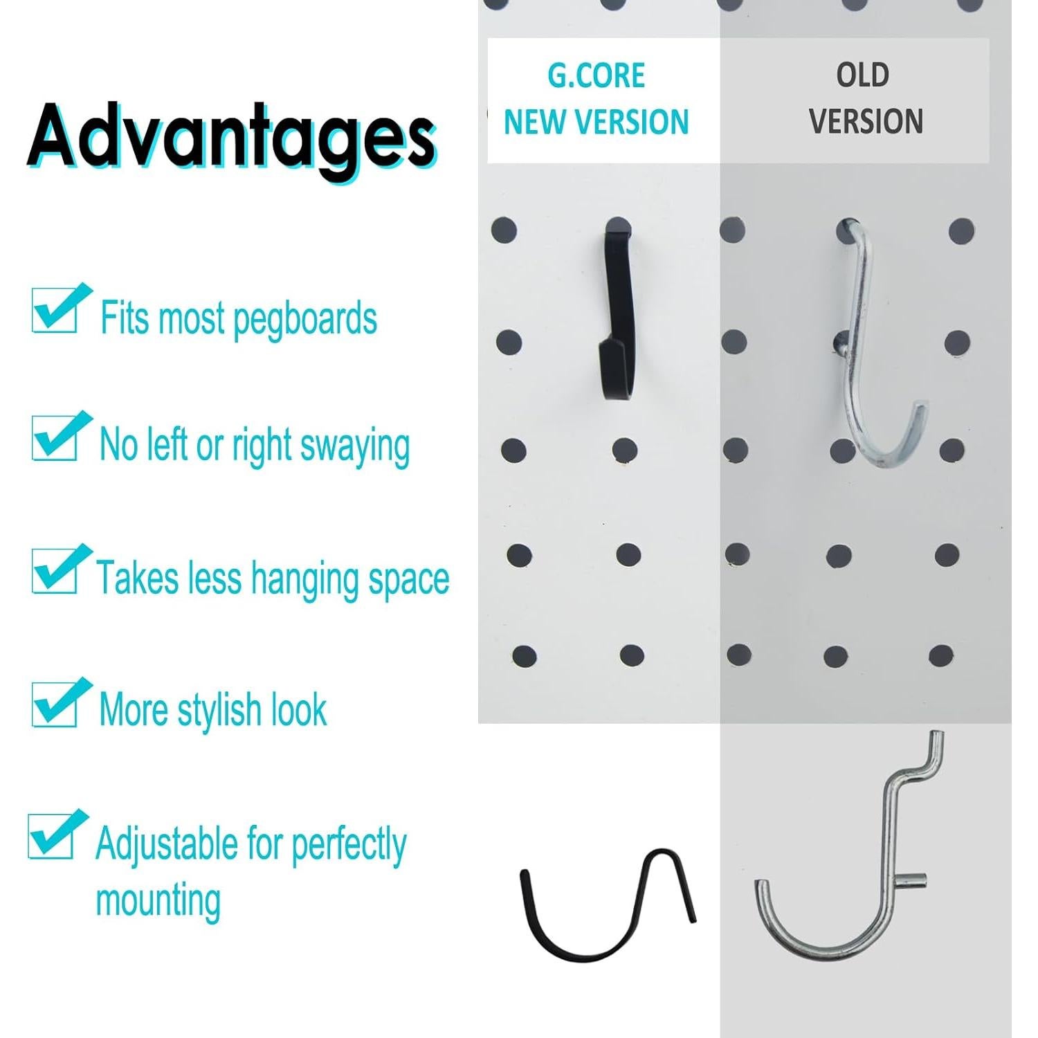 G.CORE Ganchos en J Negros para Tablero Perforado - 40pcs