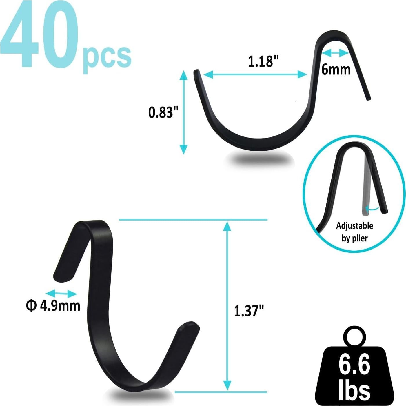 G.CORE Ganchos en J Negros para Tablero Perforado - 40pcs