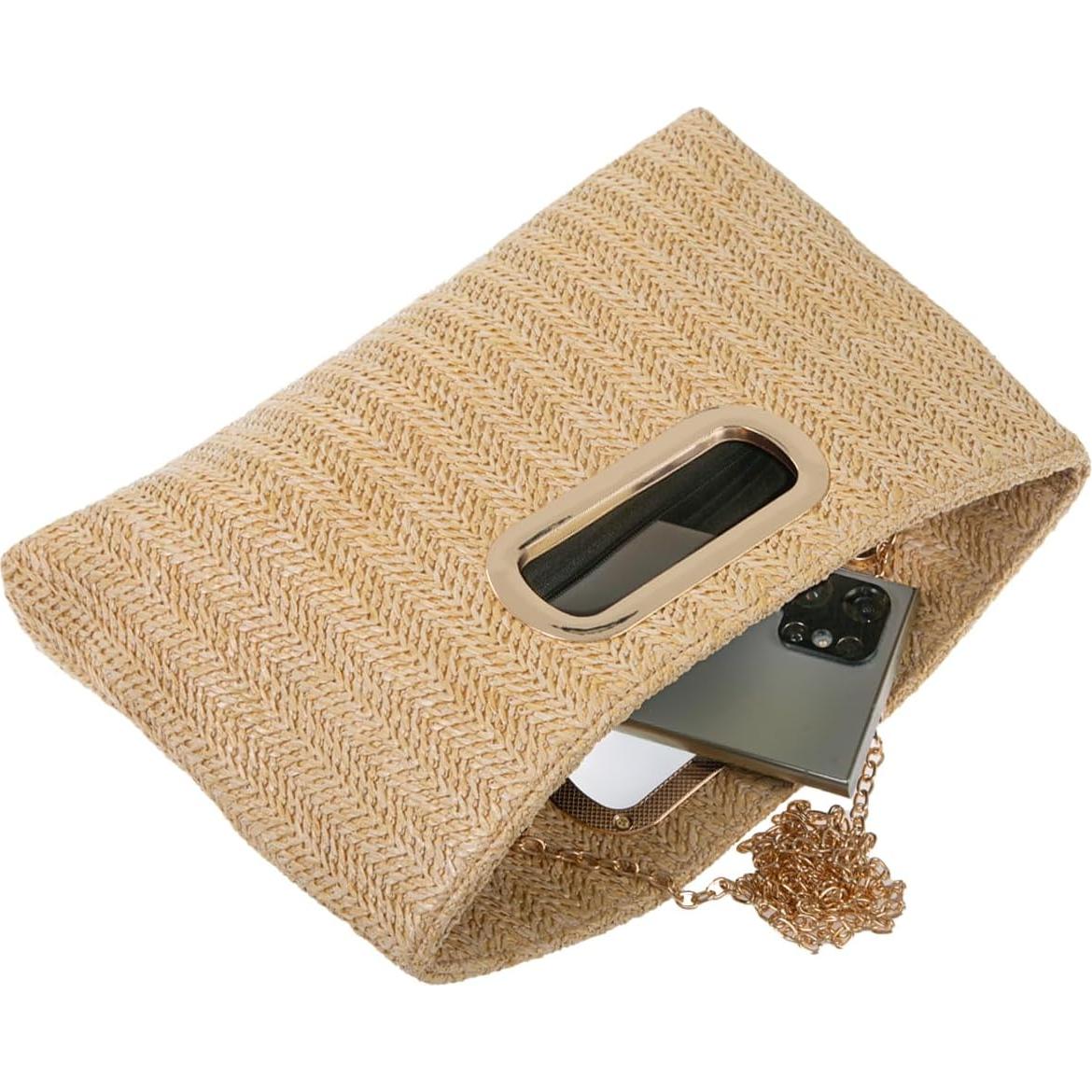 Clutch de Paja Beige con Asa de Cadena Desmontable