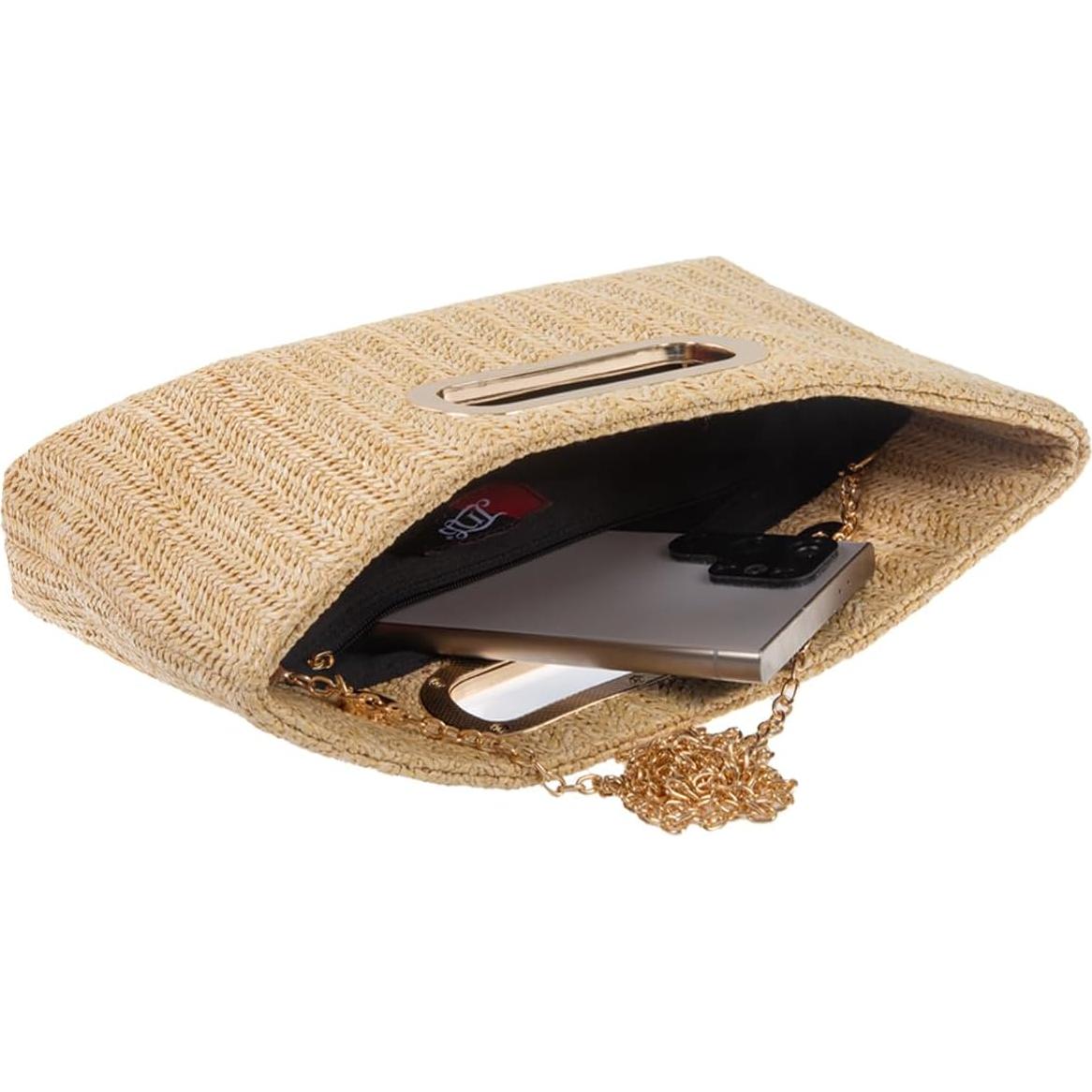 Clutch de Paja Beige con Asa de Cadena Desmontable