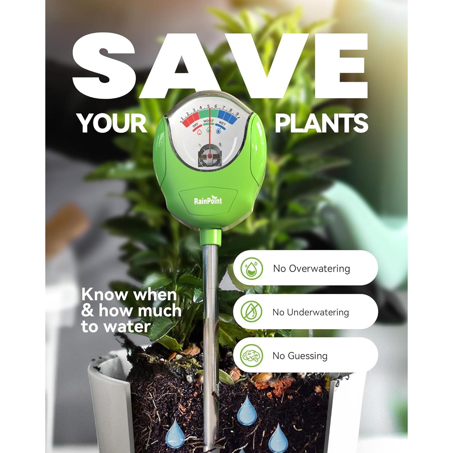 RAINPOINT Soil Moisture Meter for Plants - Accurate Plant Water Meter for Houseplants and Outdoor Plants,Gardening,Farming,No Batteries Needed(Green)