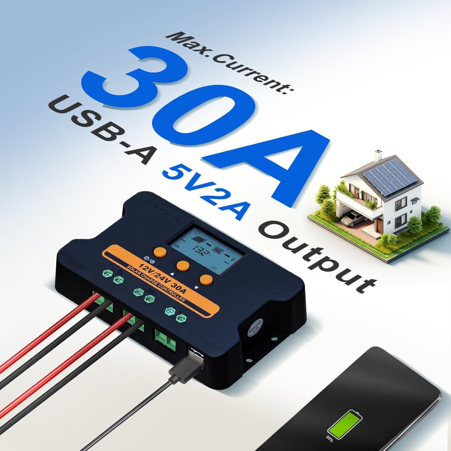 Controlador de Carga Solar ECO-WORTHY 30A 12V/24V USB Doble