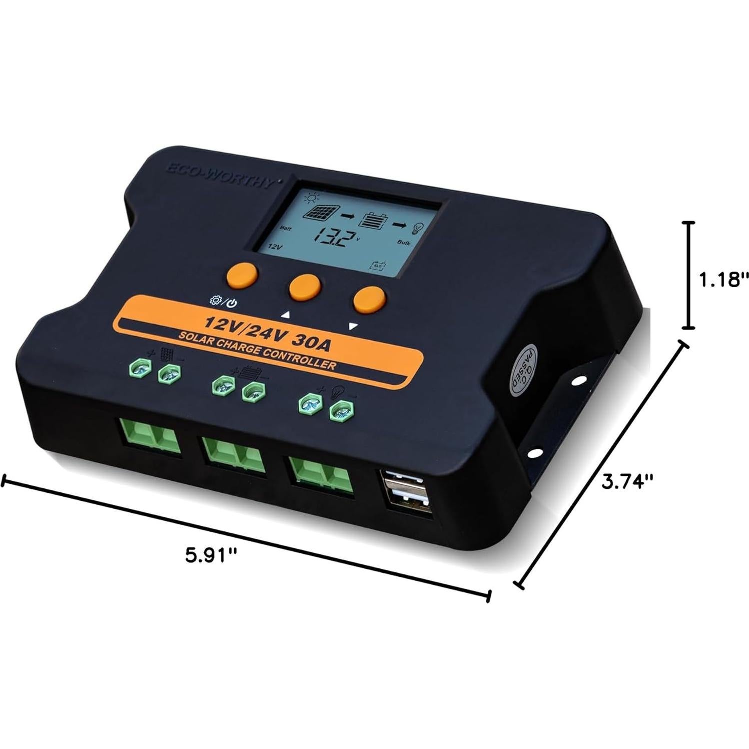 Controlador de Carga Solar ECO-WORTHY 30A 12V/24V USB Doble