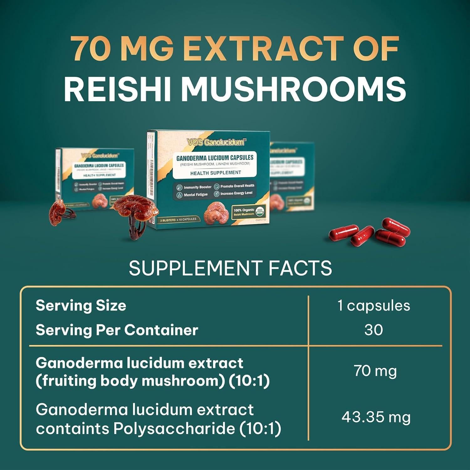 Cápsulas de Hongo Reishi Rojo Ganoderma lucidum 70mg 30 Unidades
