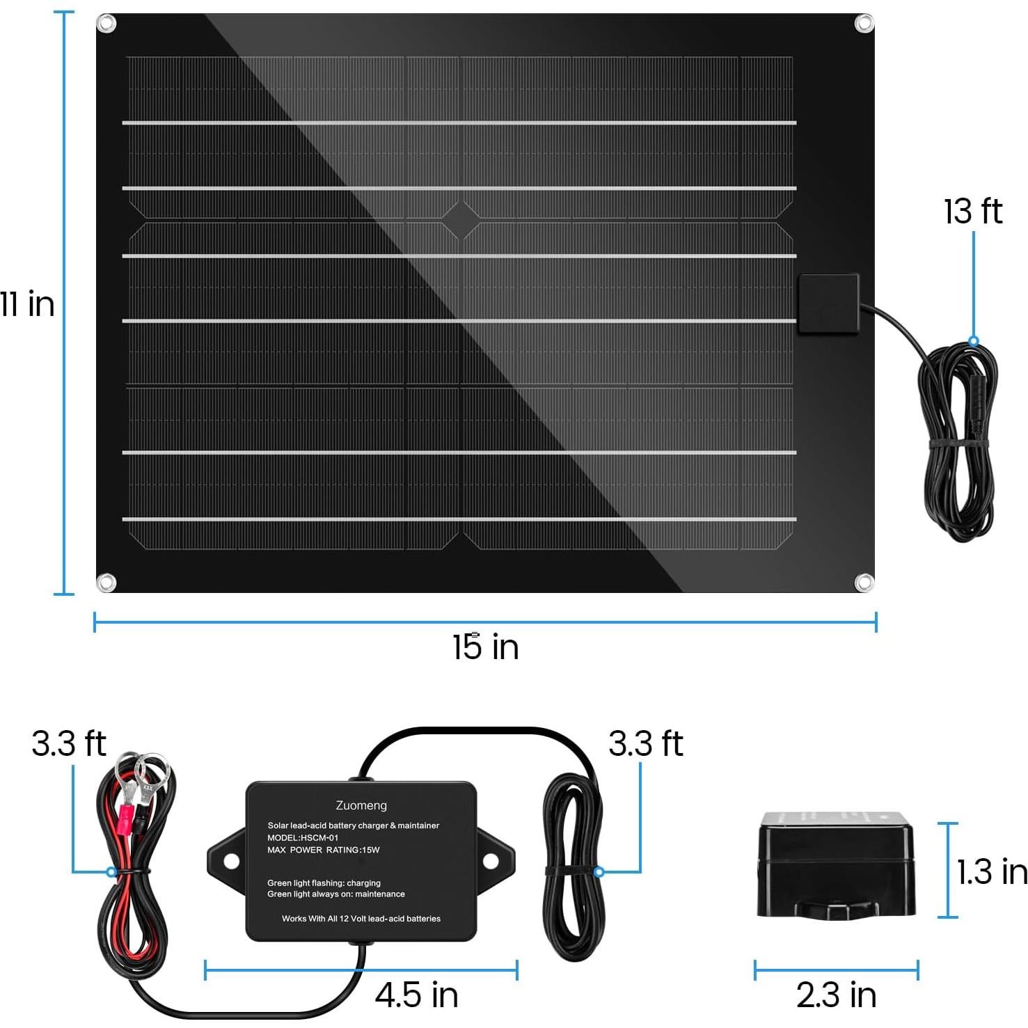 Cargador Solar Zuomeng 15W para Batería 12V Impermeable