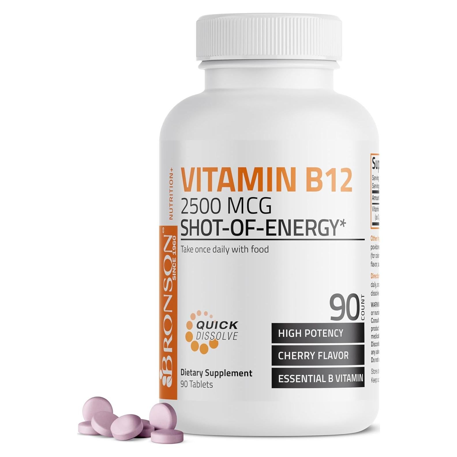 Vitamina B12 2500mcg Bronson Tabletas Masticables Cereza 90 Unidades