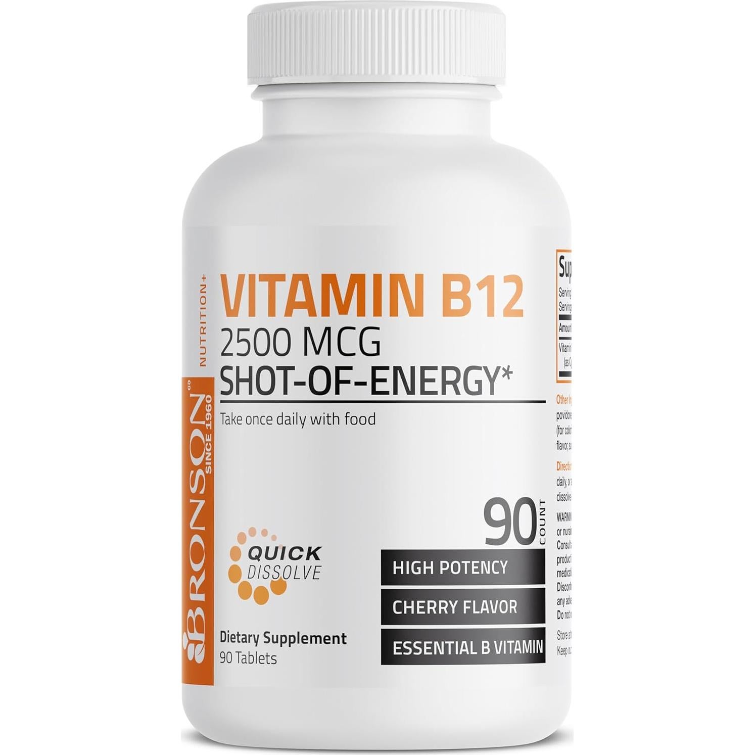 Vitamina B12 2500mcg Bronson Tabletas Masticables Cereza 90 Unidades