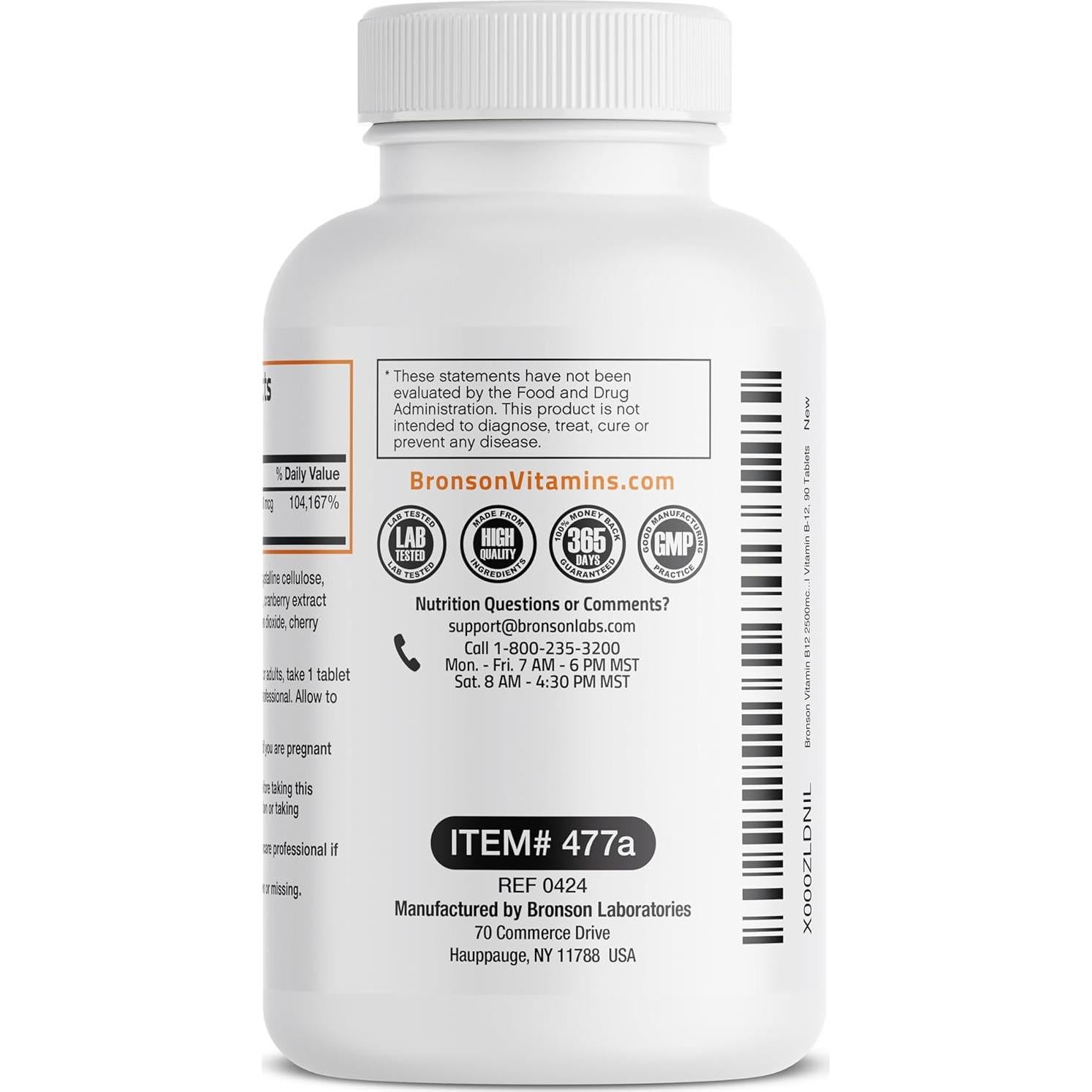 Vitamina B12 2500mcg Bronson Tabletas Masticables Cereza 90 Unidades