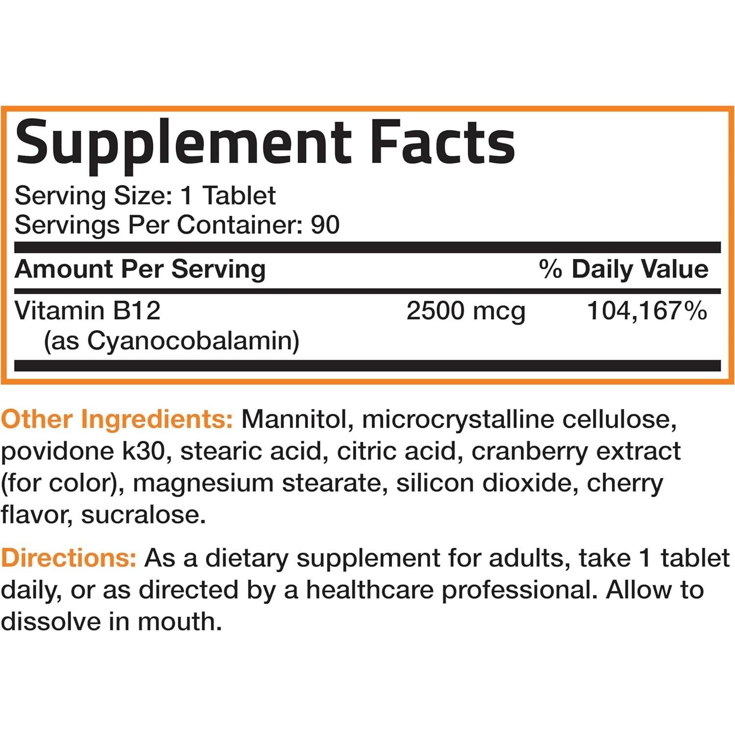 Vitamina B12 2500mcg Bronson Tabletas Masticables Cereza 90 Unidades