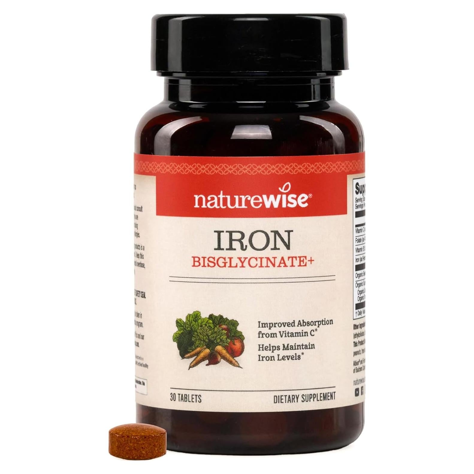 Suplemento de Hierro Bisglicinato NatureWise 30 Tabletas Veganas