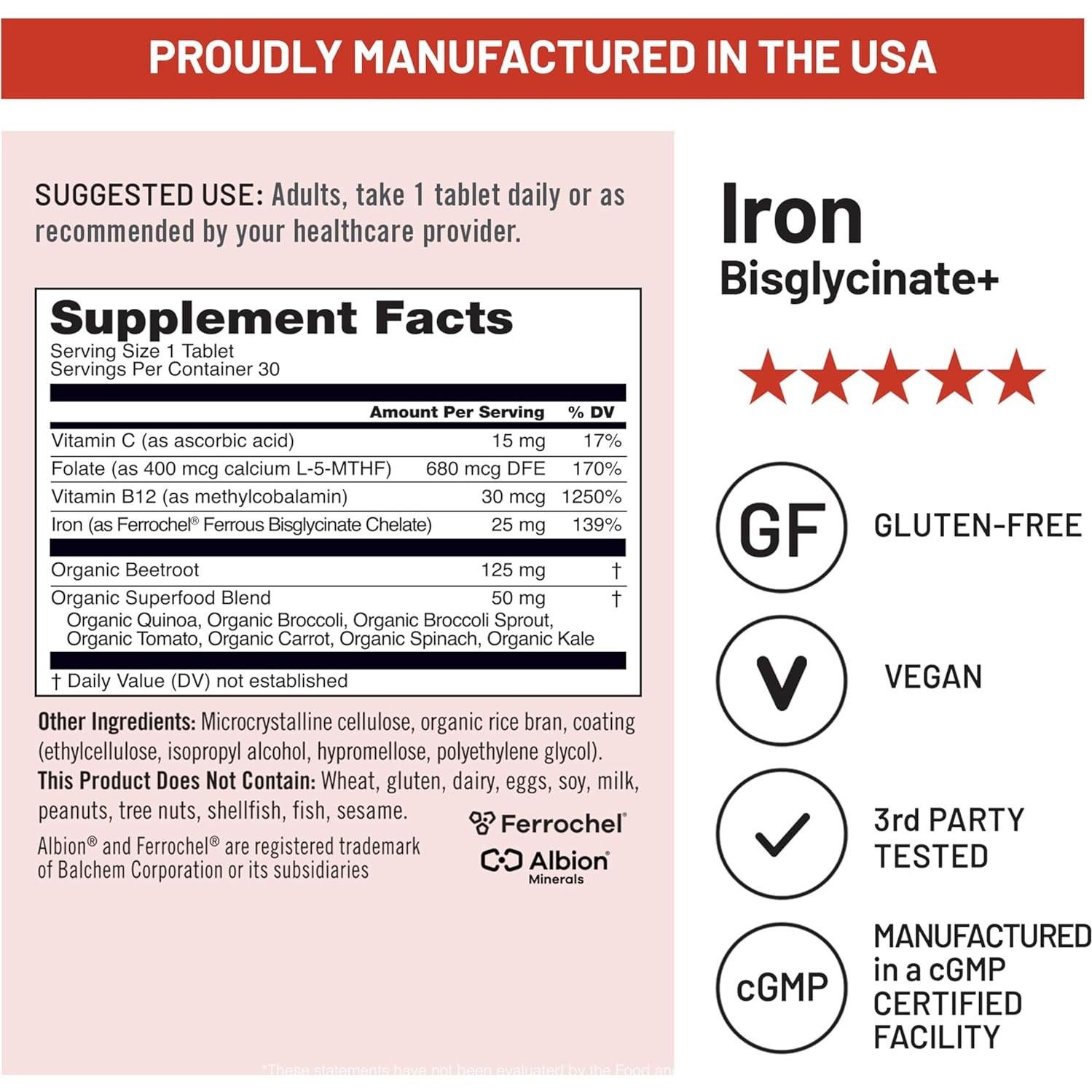 Suplemento de Hierro Bisglicinato NatureWise 30 Tabletas Veganas