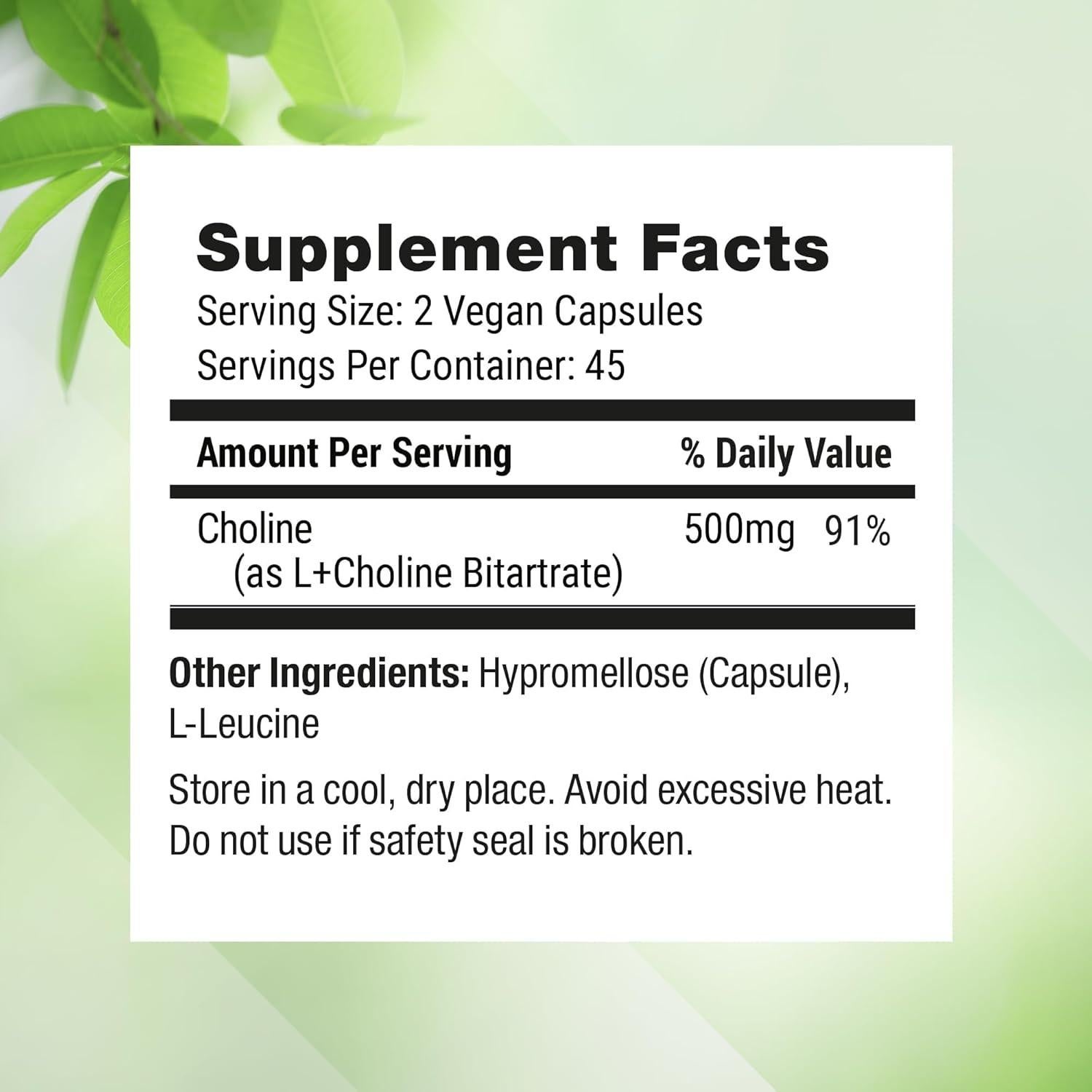 Suplemento de Colina Bitartrato 500mg Nested Naturals - 90 Cápsulas Veganas