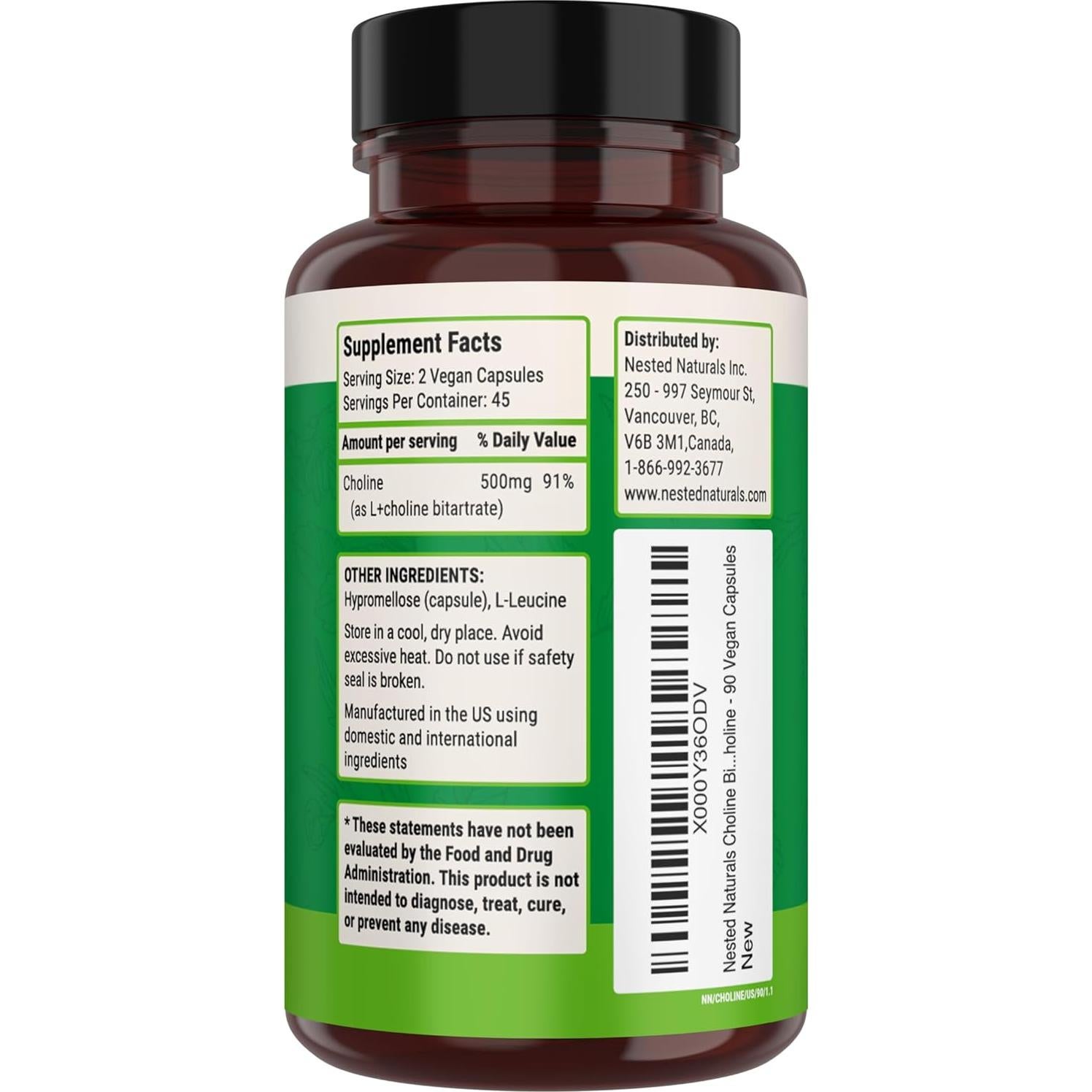 Suplemento de Colina Bitartrato 500mg Nested Naturals - 90 Cápsulas Veganas