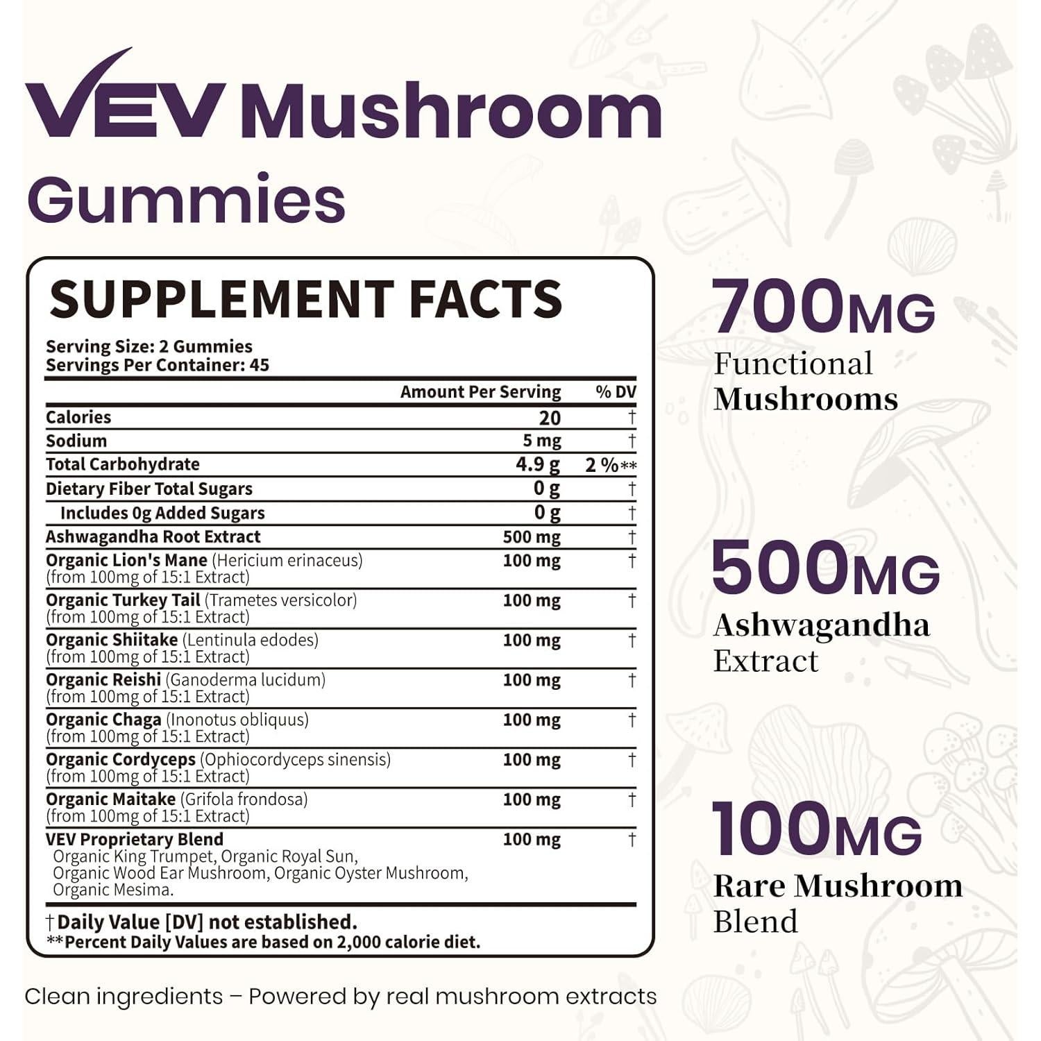 Gomitas de Hongo VEV 90 unidades - Suplemento Vegano con Ashwagandha