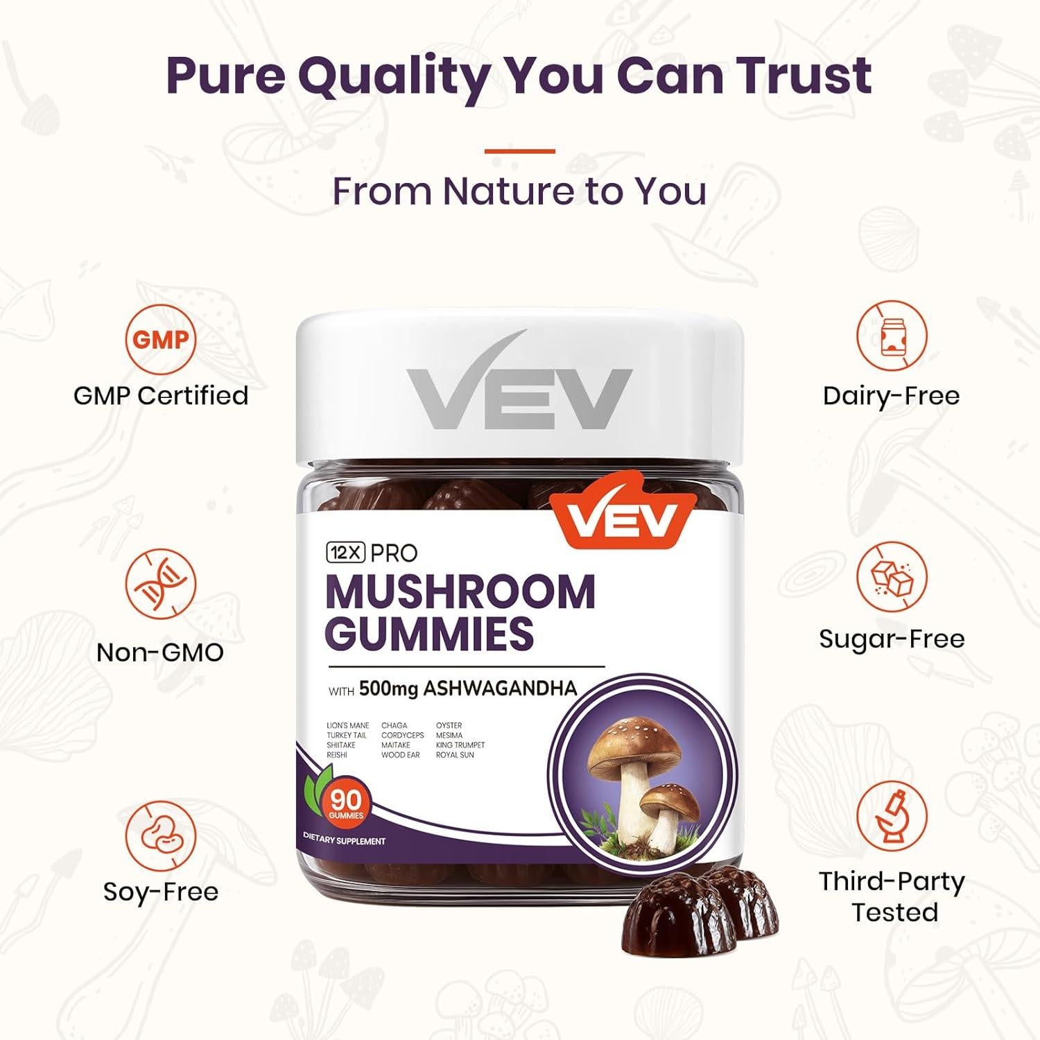 Gomitas de Hongo VEV 90 unidades - Suplemento Vegano con Ashwagandha