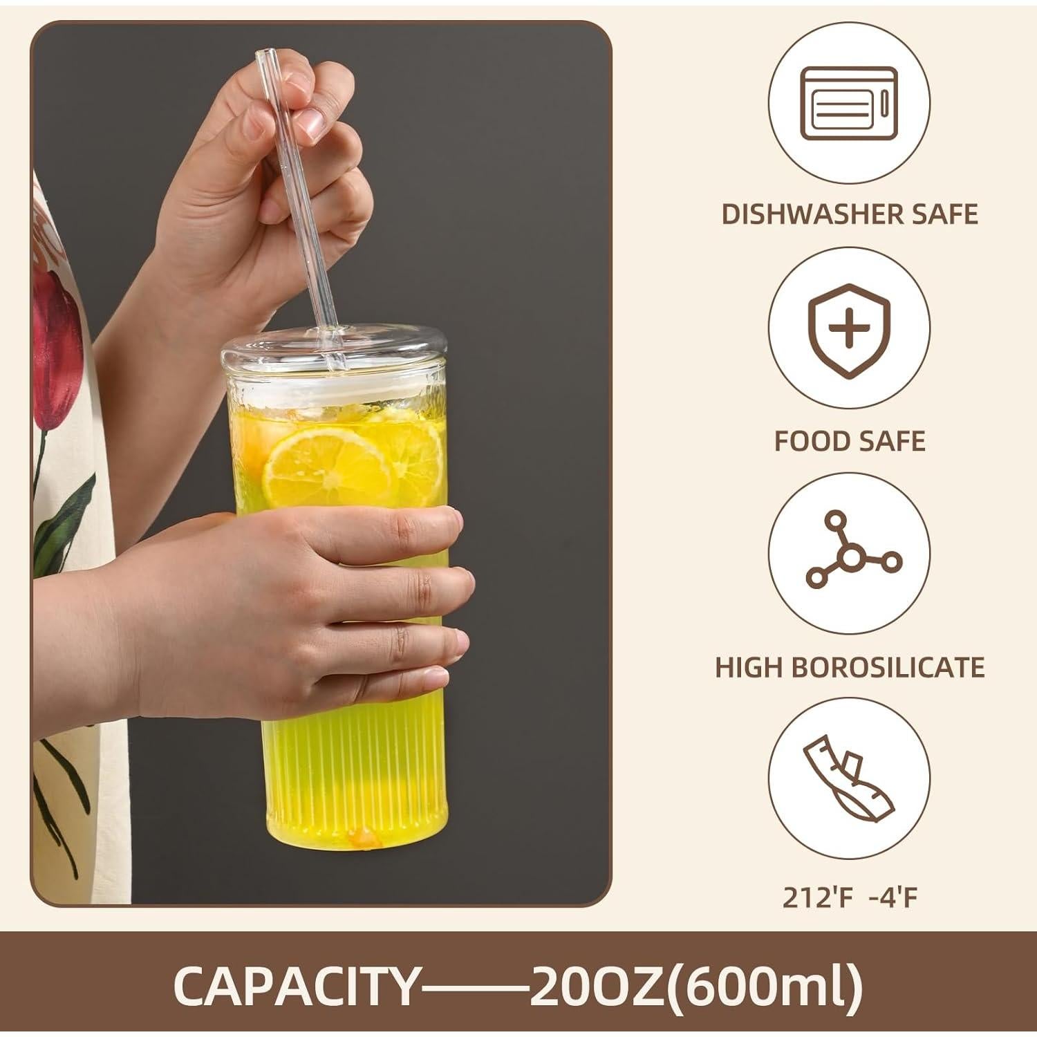 Vaso de Vidrio Reutilizable MINGHYZYA 20 oz con Tapa y Pajita