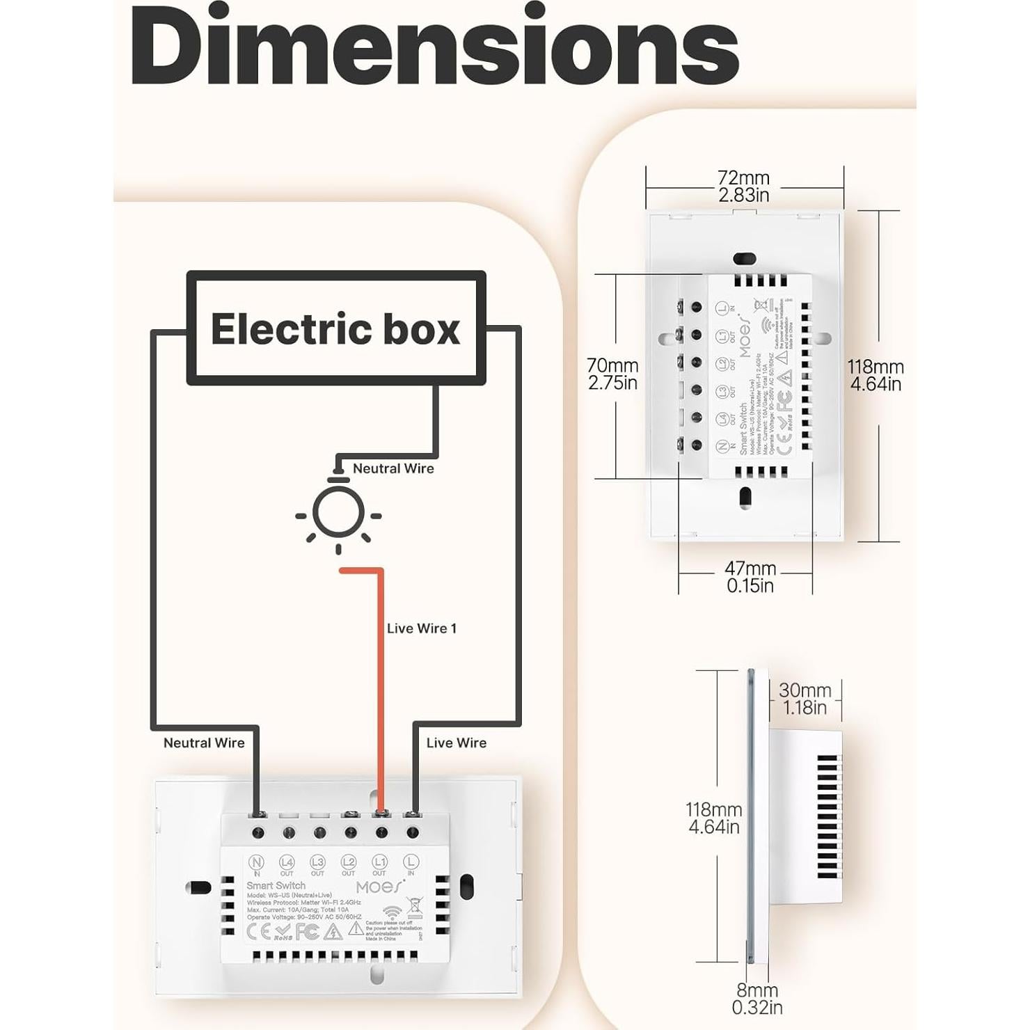 Interruptor de Pared Táctil Inteligente MOES Matter Blanco 1 Gang