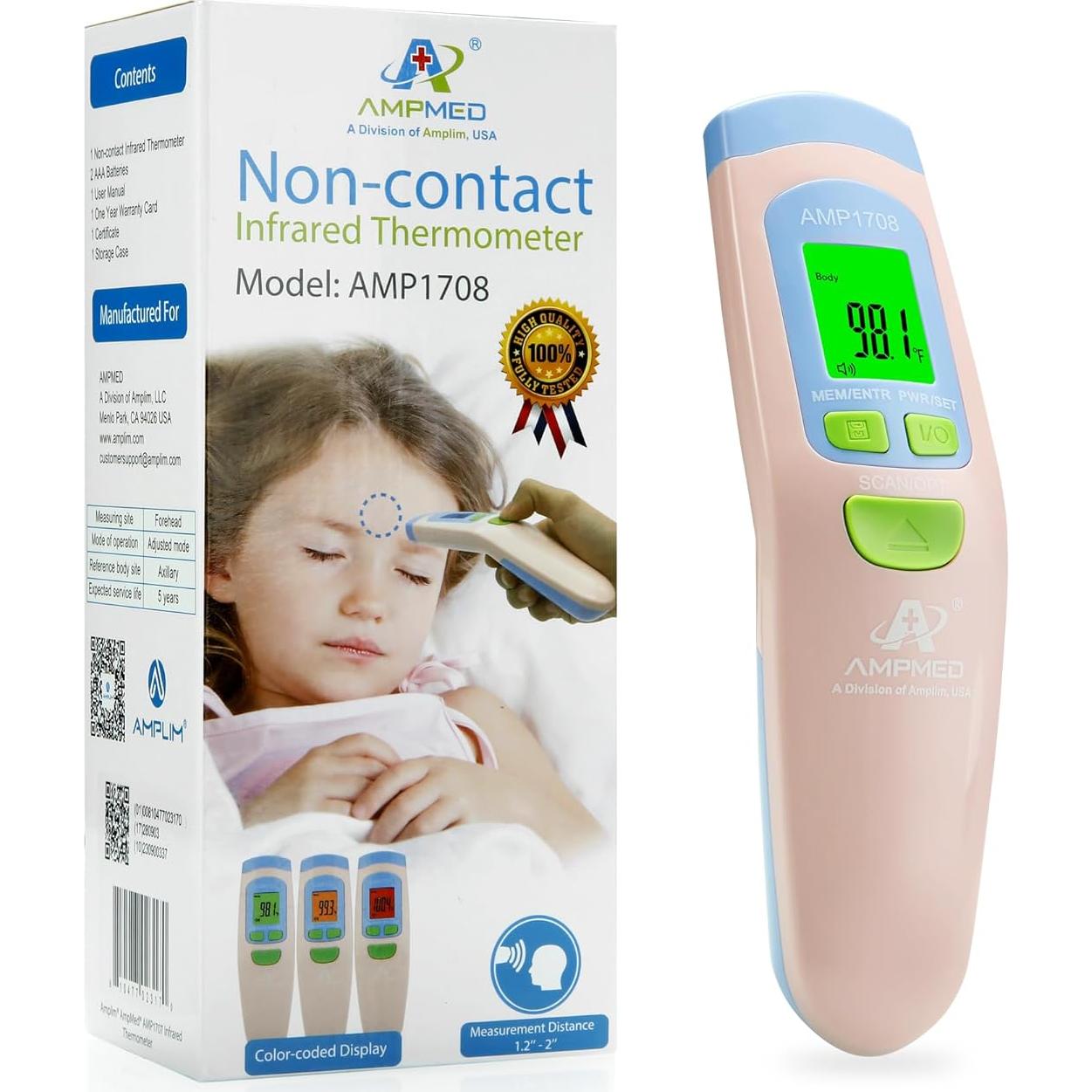 Termómetro Infrarrojo Sin Contacto Amplim Rosa Grado Médico