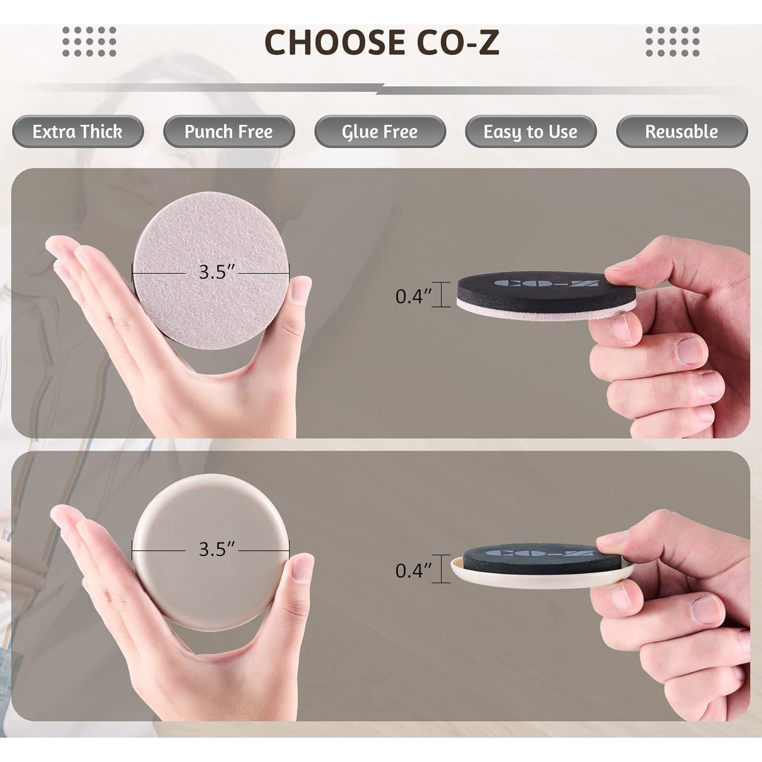 Deslizadores de Muebles CO-Z 8 Piezas 8.89 cm Fieltro y Plástico