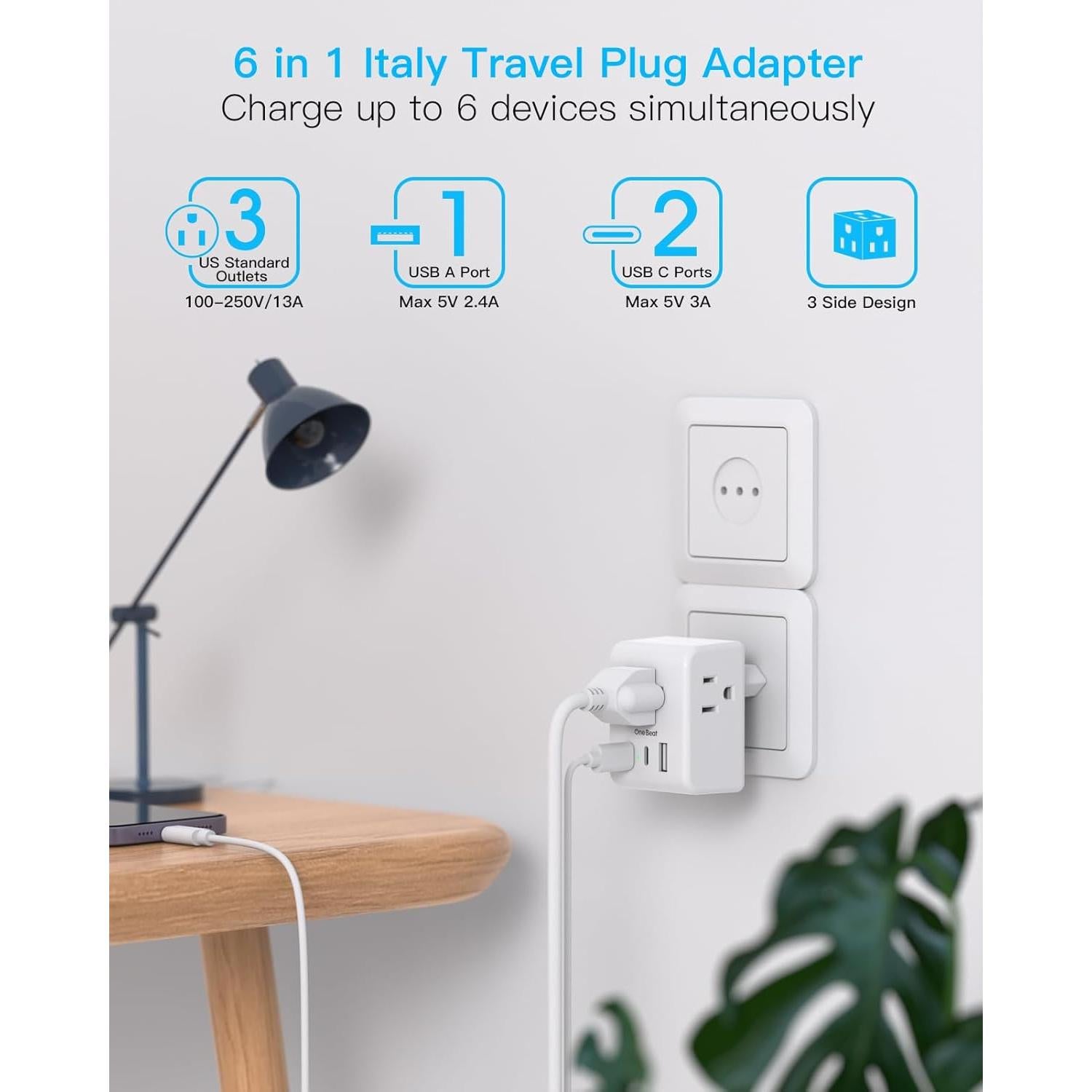 Adaptador de Enchufe de Viaje Tipo L One Beat 6 en 1 USB