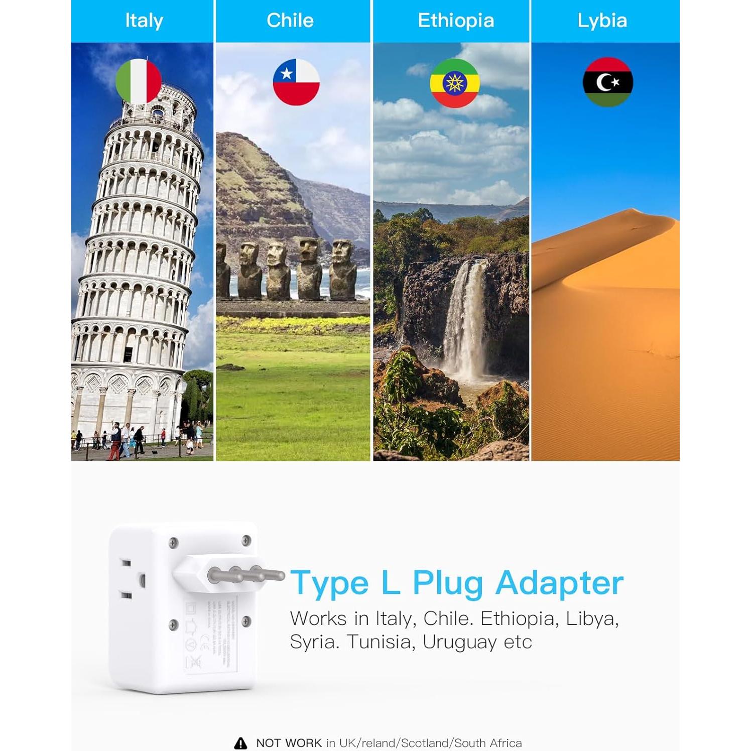 Adaptador de Enchufe de Viaje Tipo L One Beat 6 en 1 USB