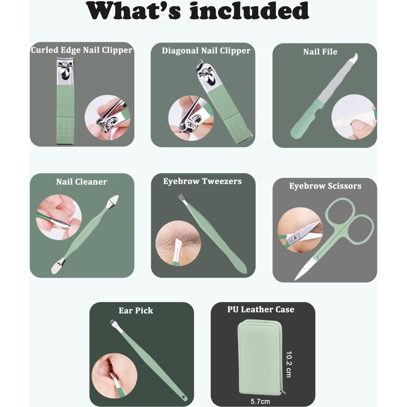 Kit de Manicura 7 Piezas HANTEKAS Acero Inoxidable Verde