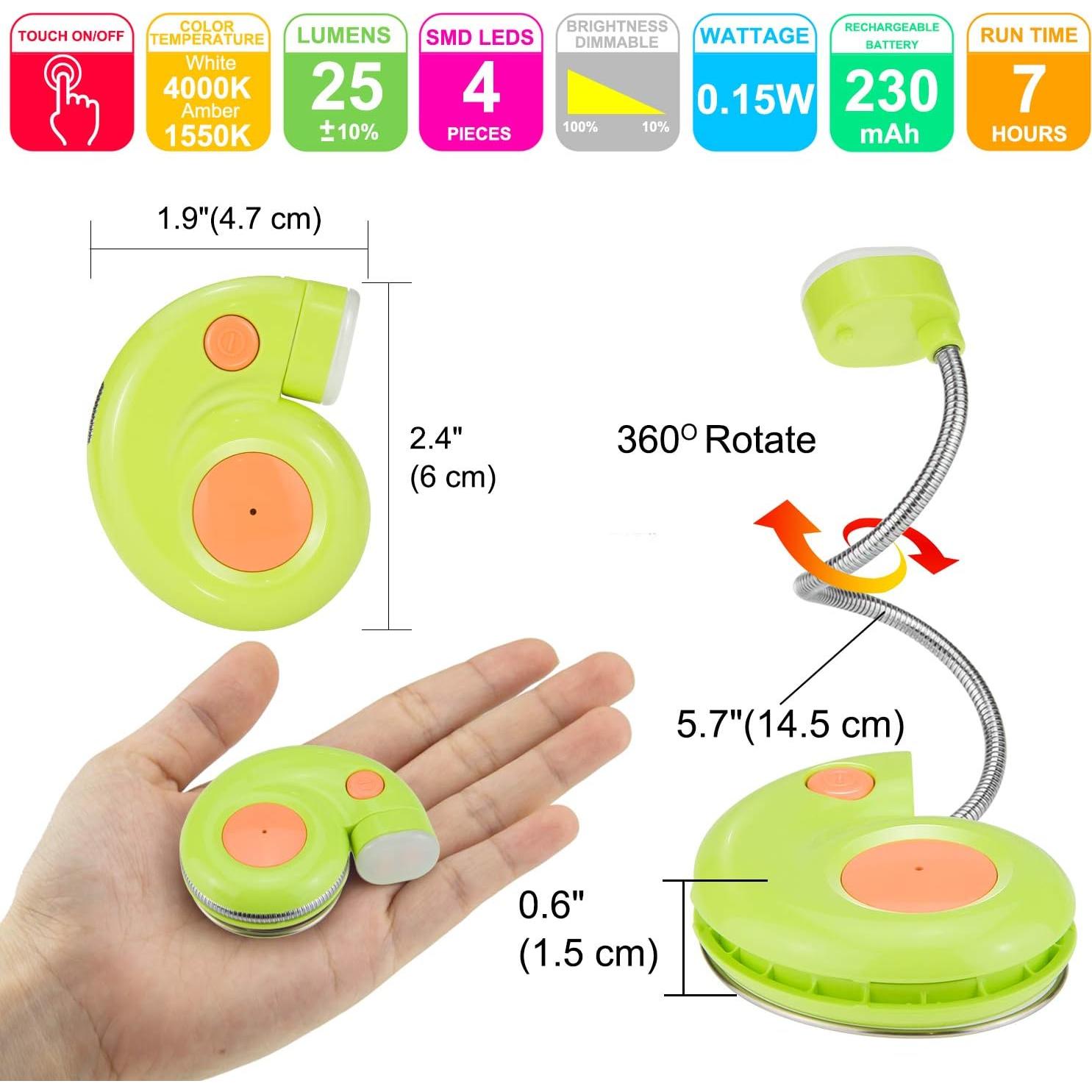 Luz de libro recargable HONGUT verde con 2 modos de luz