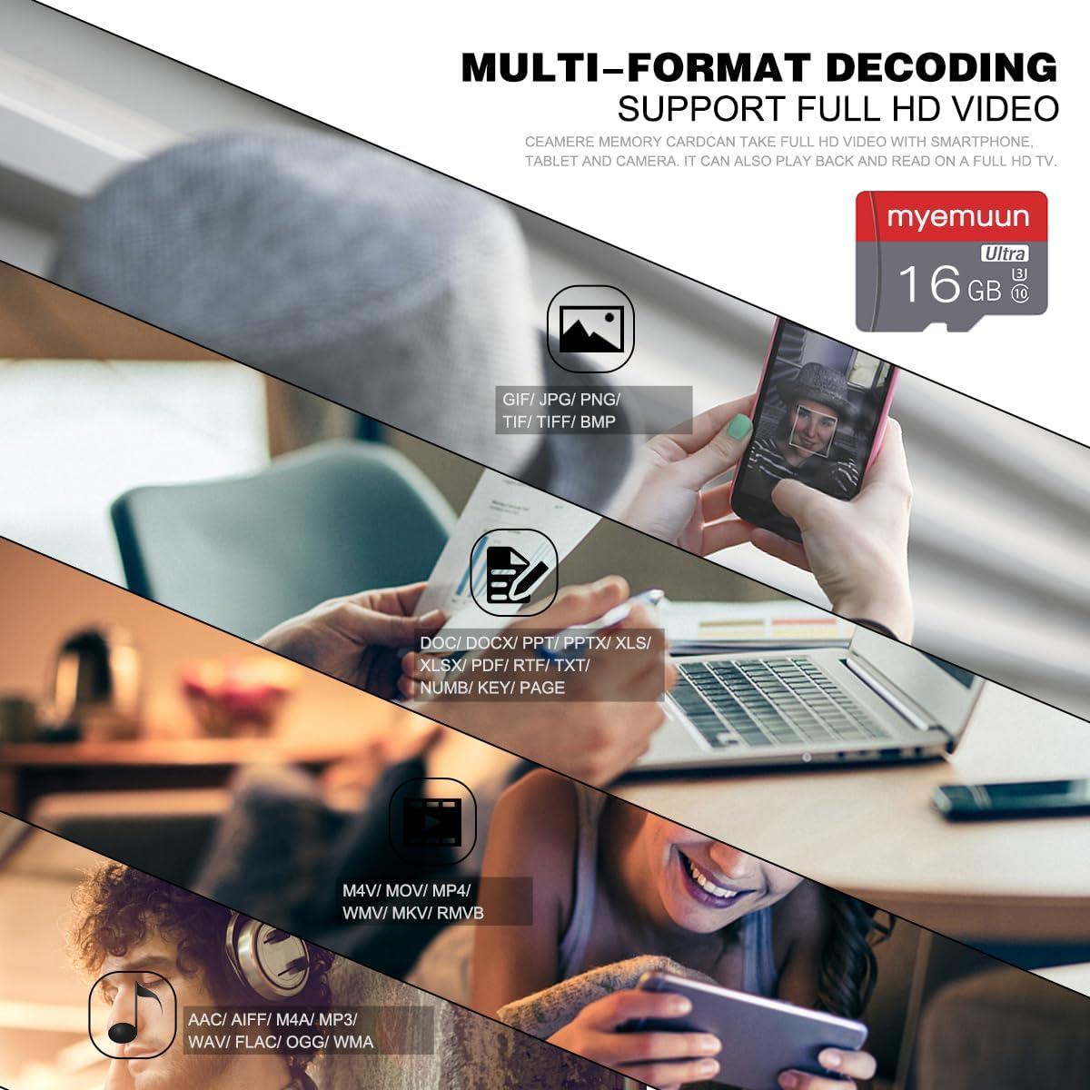 2 Tarjetas Micro SD 16GB myemuun C10 UHS-1 con Adaptador