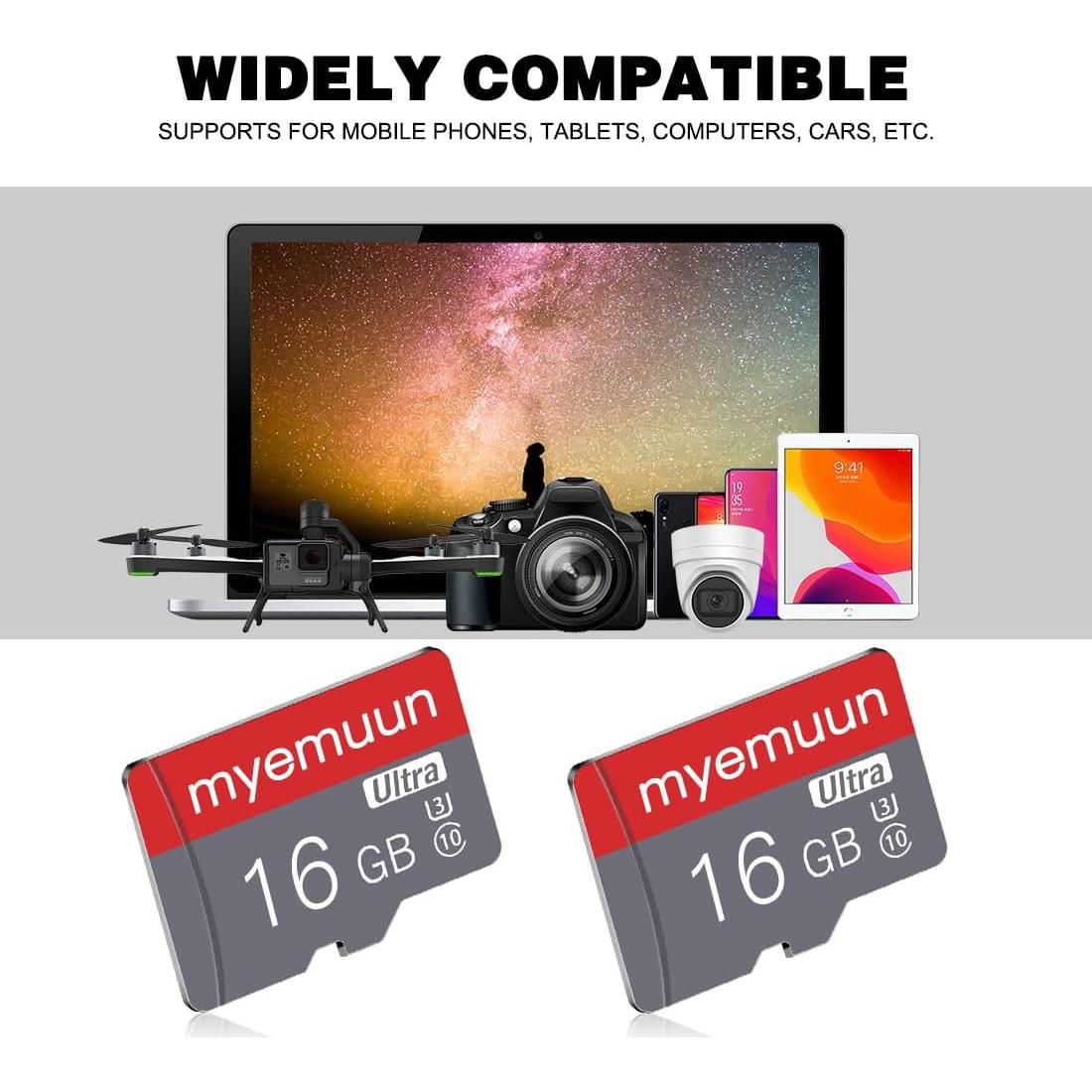 2 Tarjetas Micro SD 16GB myemuun C10 UHS-1 con Adaptador