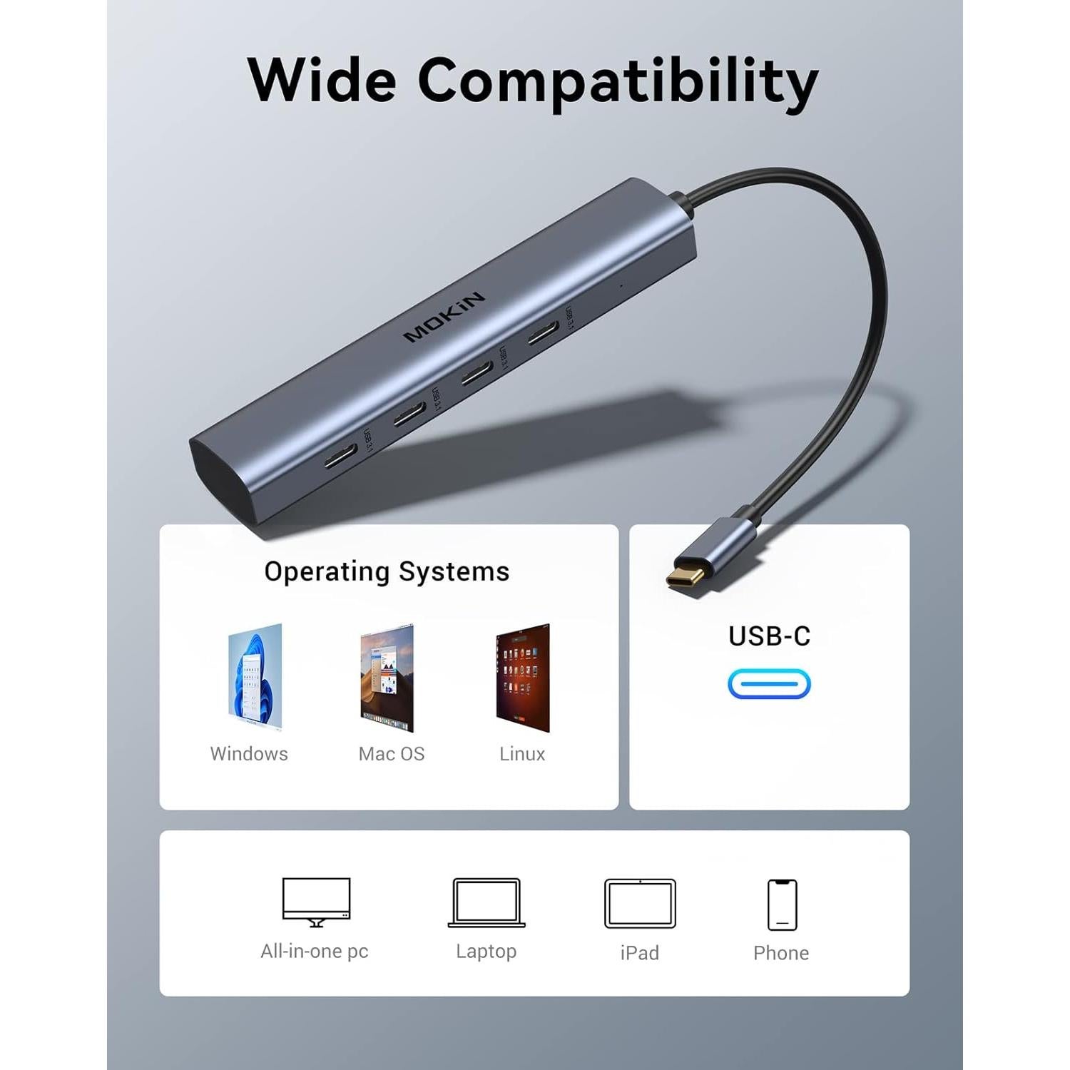 Hub USB C MOKiN 4 Puertos 10Gbps Adaptador Multiport