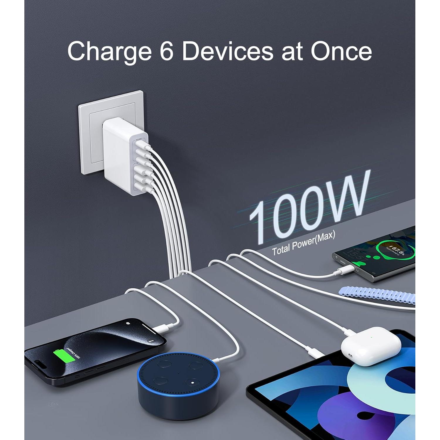 Cargador USB C 100W LCGENS 6 Puertos Carga Rápida