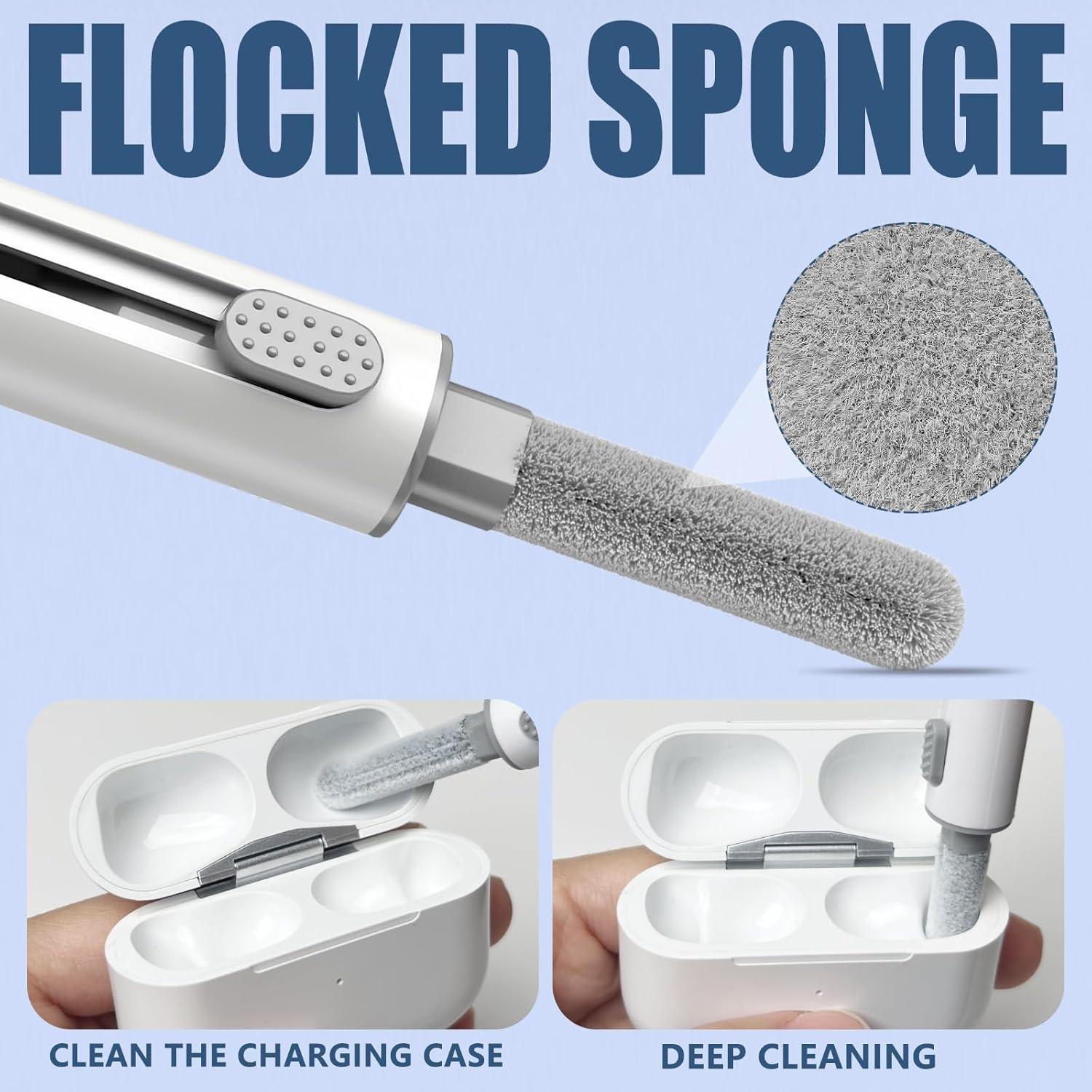 Inesore Cleaner Kit for Airpods Pro 1 2 3 4 Series,Multi-Function Cleaning Pen Tool for Earbuds Headphone iPhone Speaker Receiver Electronic Electronic Devices,with Soft Brush Flocking Sponge -White