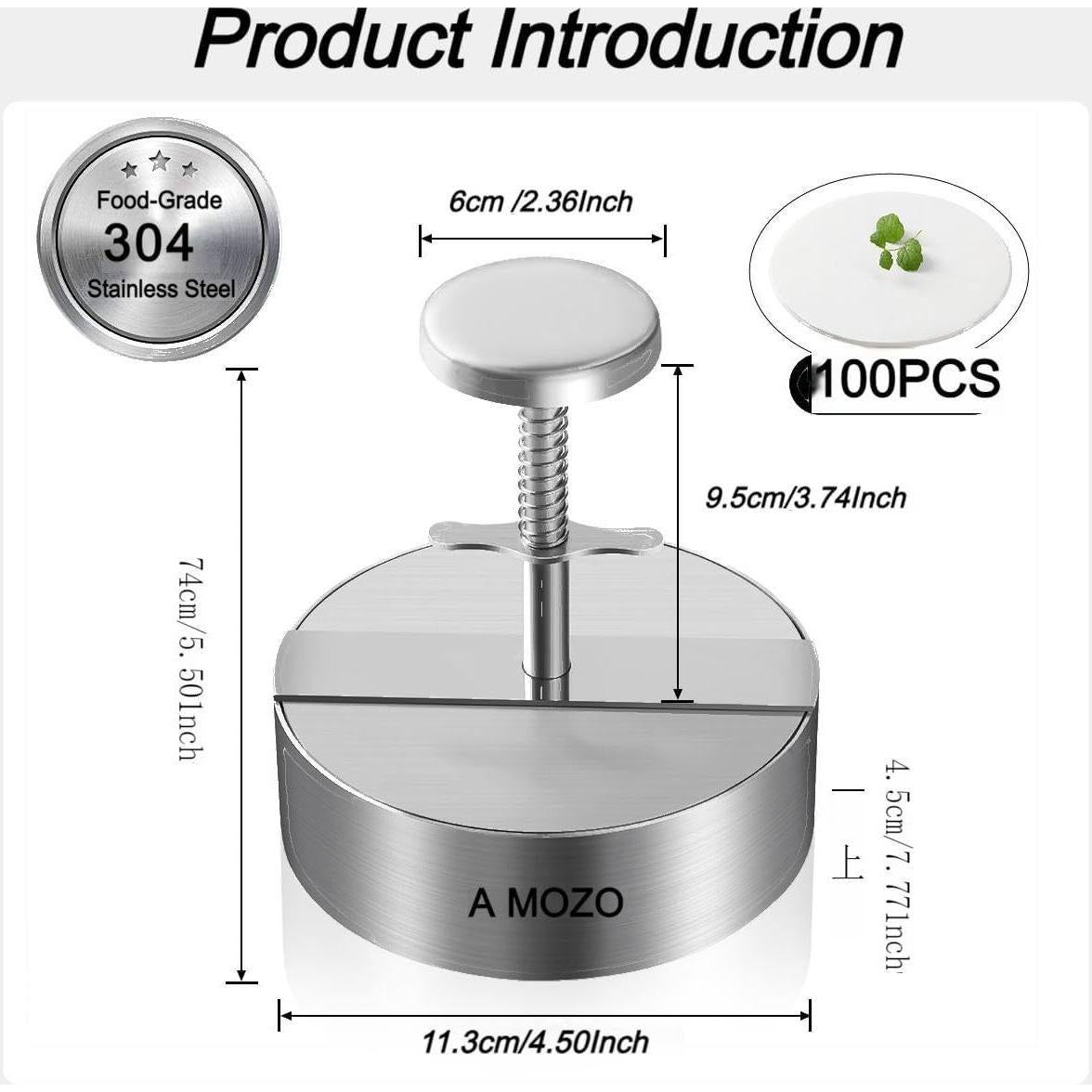 Prensa de Hamburguesas AMOZO Acero Inoxidable 11.43 cm
