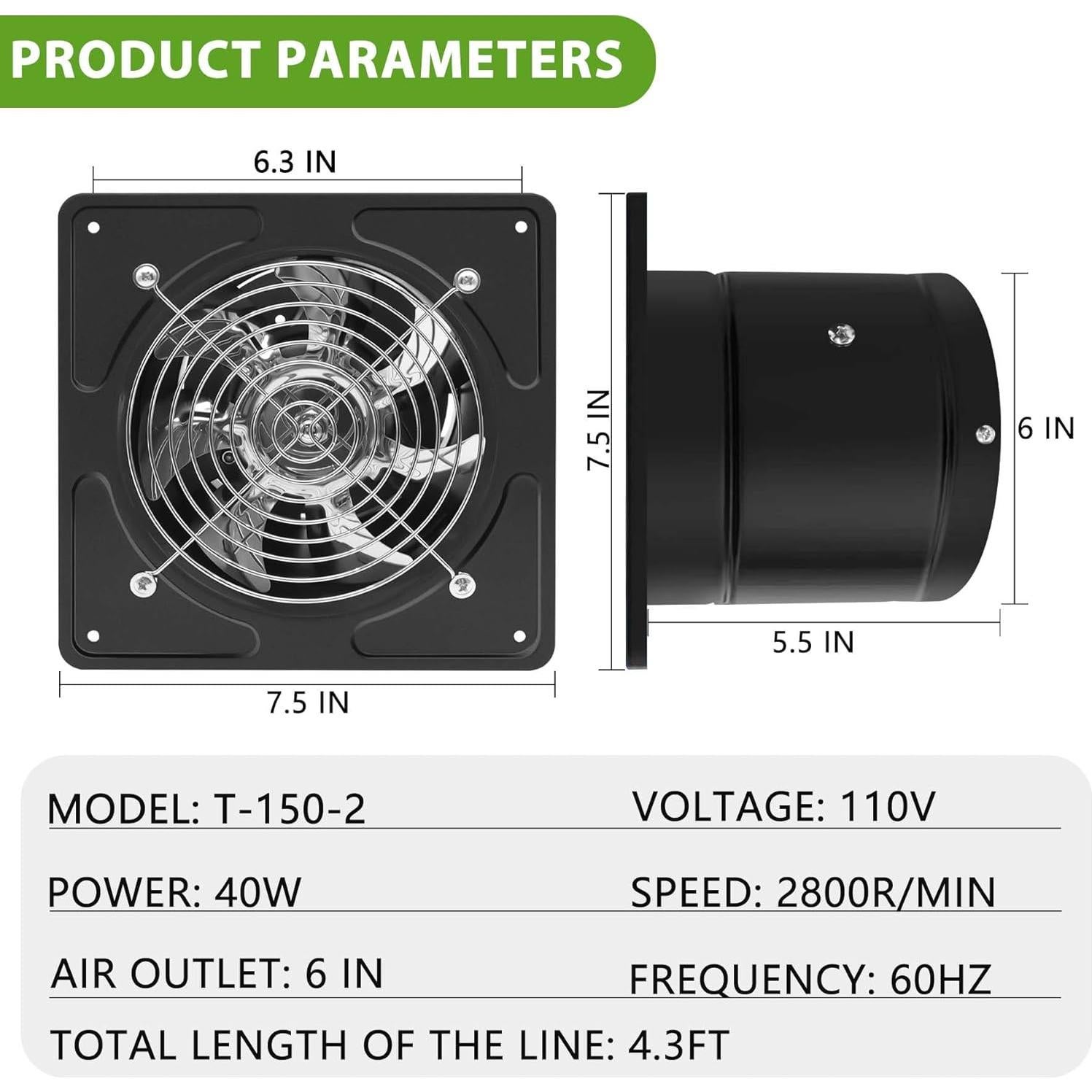 Ventilador Extractor de Pared POWERENG 6" 235 CFM 40W Negro
