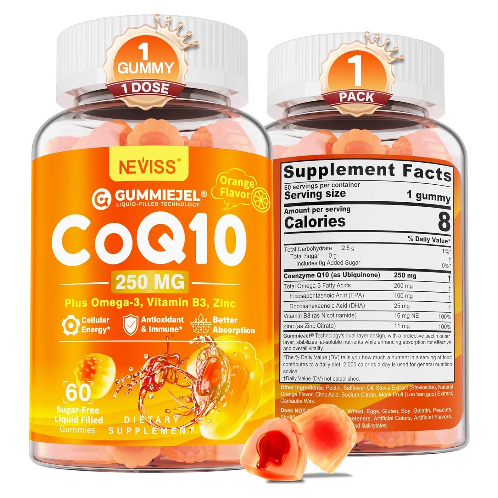 Gomitas Rellenas CoQ10 250mg NEVISS - Omega-3, Zinc, 60 Cts