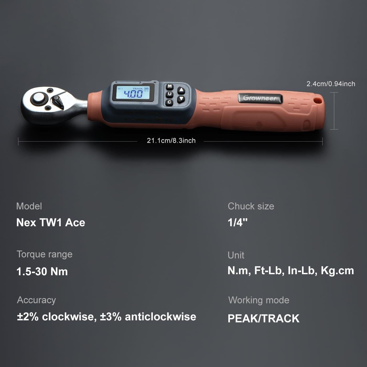 Llave de Torque Digital GROWNEER 1/4'' 1.5-30 Nm con Accesorios