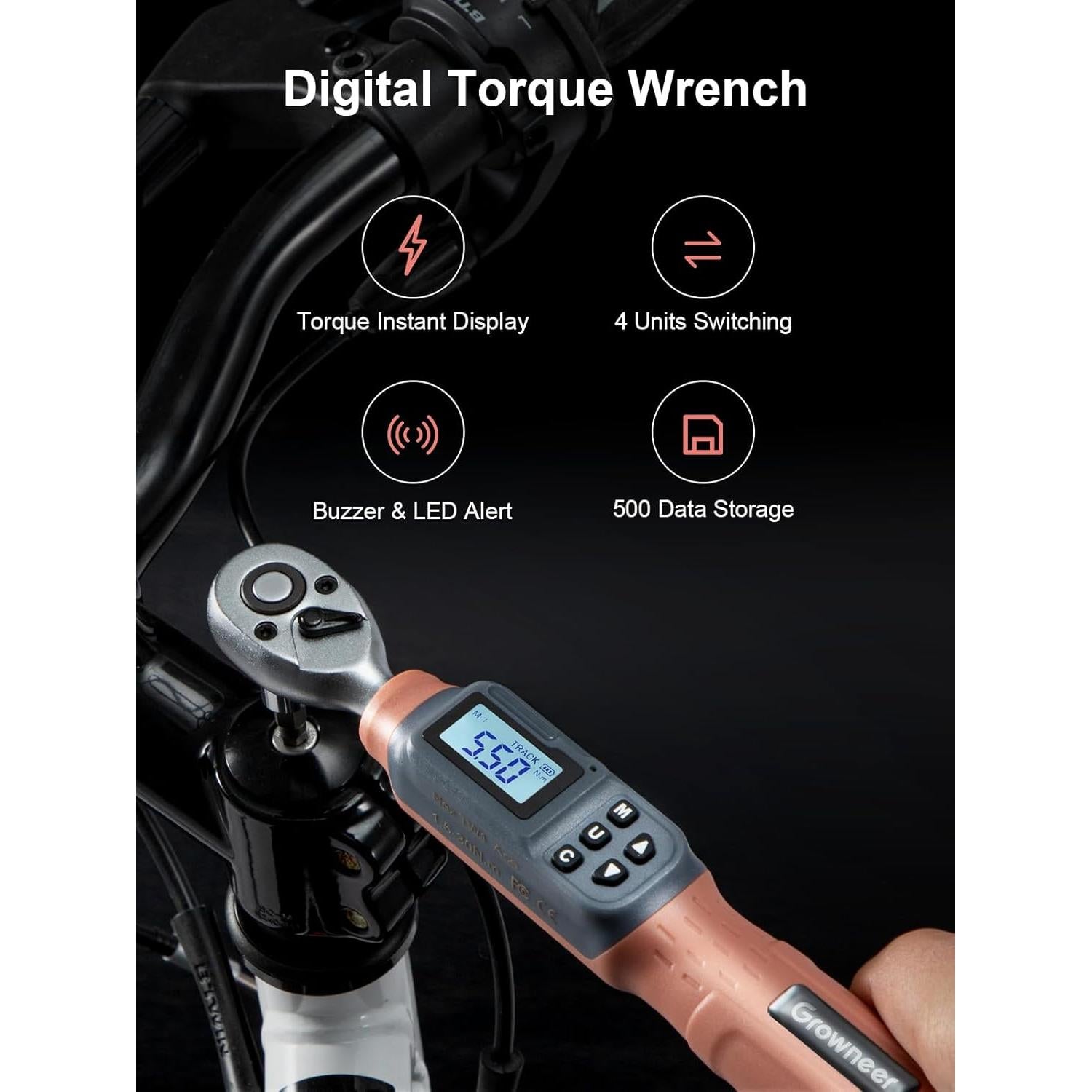 Llave de Torque Digital GROWNEER 1/4'' 1.5-30 Nm con Accesorios