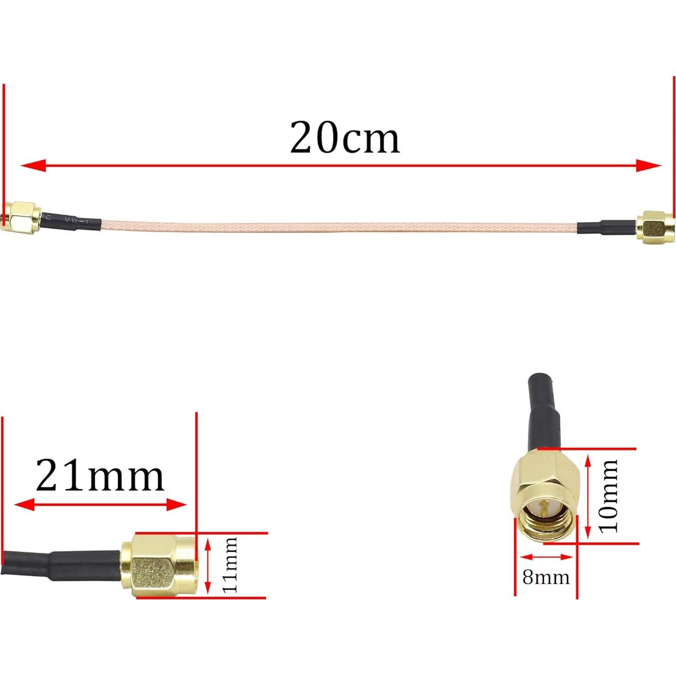 Cable Coaxial SMA Macho a Macho RG316 20cm - 2 Pack