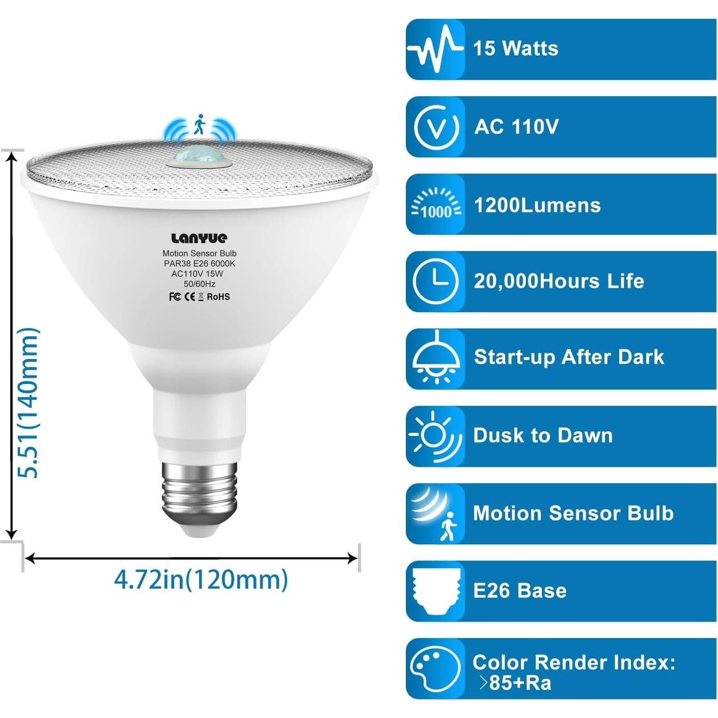 Bombilla LED LanYue PAR38 15W con Sensor de Movimiento 6000K