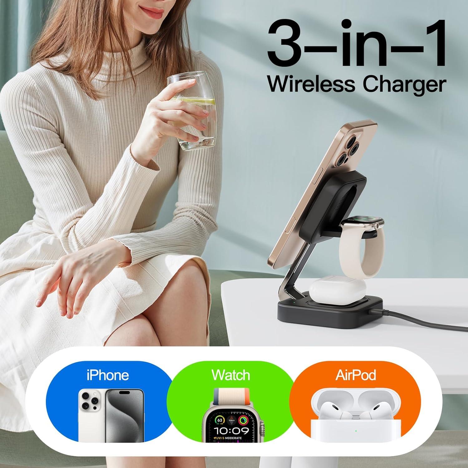 Cargador Inalámbrico 3 en 1 MagSafe 18W Negro para iPhone y Apple Watch