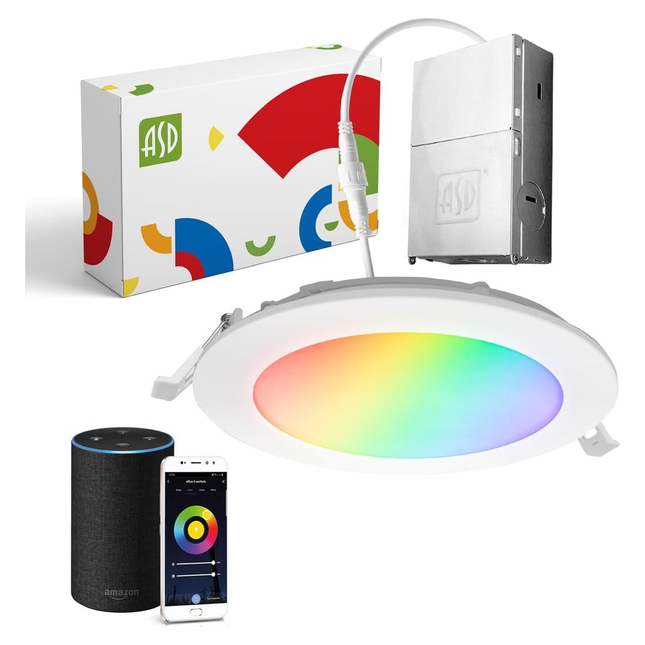 ASD 1 Pack LED Smart Recessed Lighting 6 Inch 15W, RGBW Color Changing Lights, Compatible with Alexa & Google Assistant, Dimmable 2700K-6500K Selectable RGB Lights, WiFi Bluetooth Ceiling Light, ETL